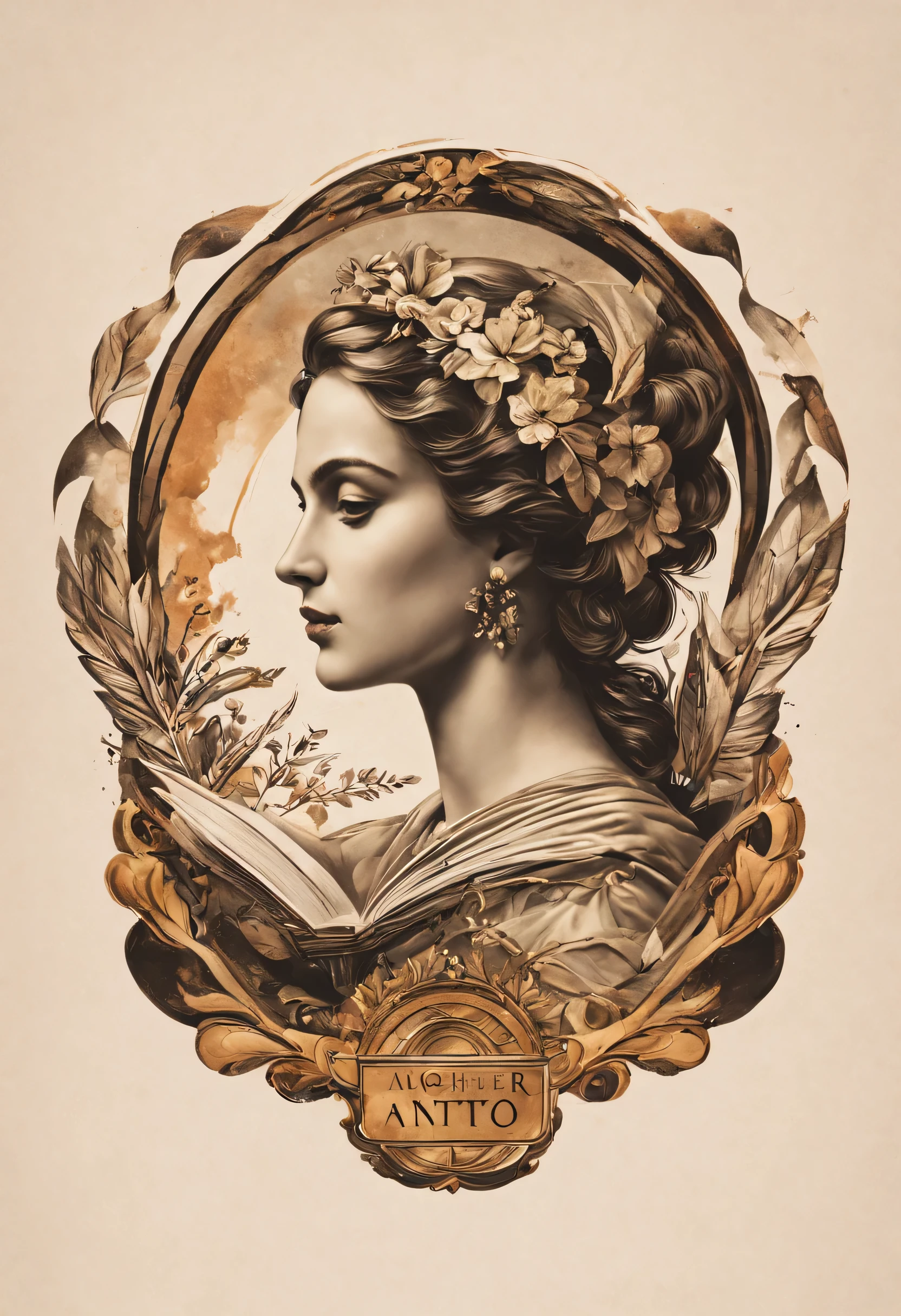 The logo with a harmonious combination of elements that represent the story , inspiration (e.g., mulher antiga, literatura , moderna livro aberto) e arte (e.g., arte ou paleta de cor e misterio, )