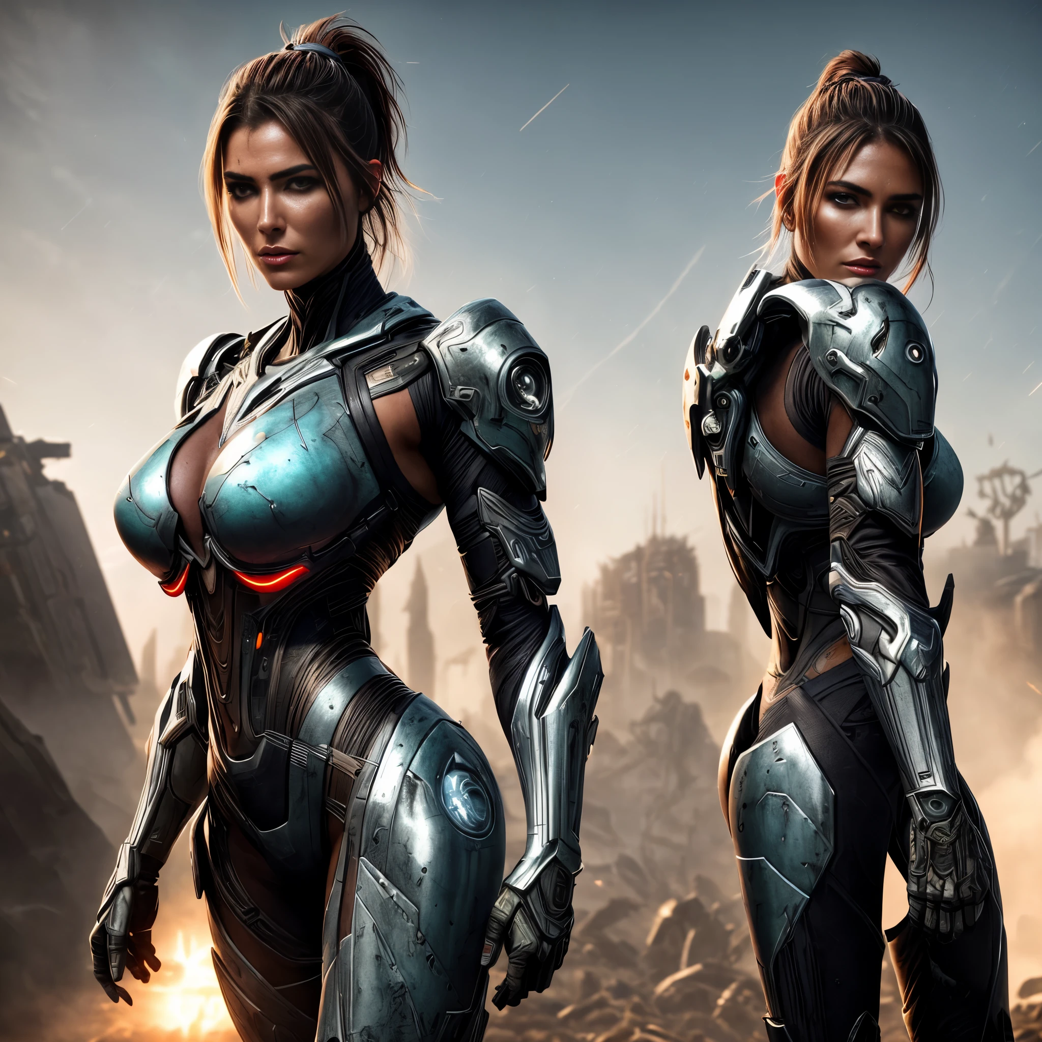 Medium shot of a sexy female cyborg wearing scratched and stained futuristic armor in a destroyed futuristic city, fantasia, sci-fi, lindo rosto feminino, sedutor, sexual, mist, vivid and seductive eyes, obra-prima da melhor qualidade, fotorrealista, detalhado, 8K, hdr, profundidade superficial de campo, luz ampla, alto contraste, backlight, florescer, brilhos de luz, Chromatic aberration, sharp focus, Foto colorida RAW
