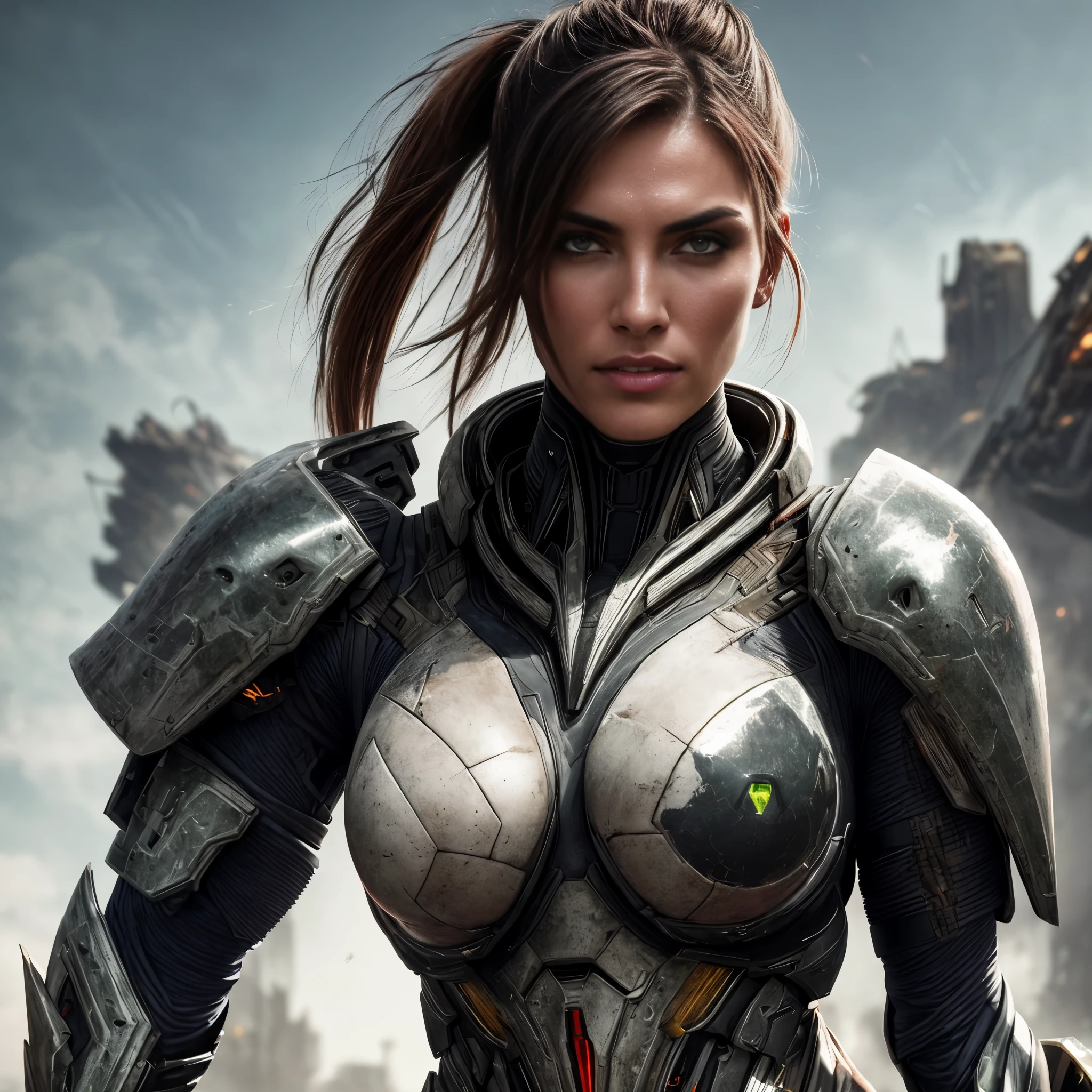 Medium shot of a sexy female cyborg wearing scratched and stained futuristic armor in a destroyed futuristic city, fantasia, sci-fi, lindo rosto feminino, sedutor, sexual, mist, vivid and seductive eyes, obra-prima da melhor qualidade, fotorrealista, detalhado, 8K, hdr, profundidade superficial de campo, luz ampla, alto contraste, backlight, florescer, brilhos de luz, Chromatic aberration, sharp focus, Foto colorida RAW