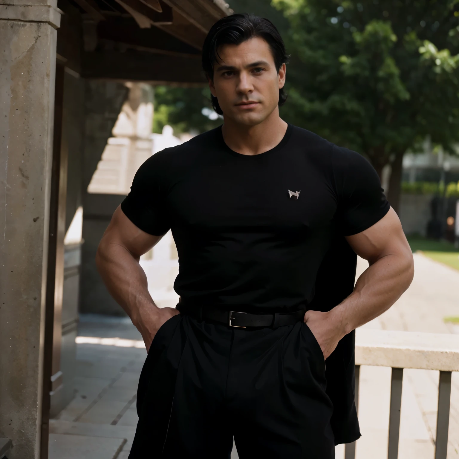 Bruce Wayne, Really musclar man, dhirt black hair, Playboy, pretty, classic 80s hair, short black hair, outside, standing up straight, cute man, close up, man, musclar thighs, big thighs, big biceps,