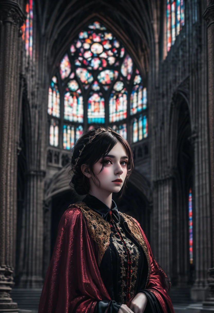 1girl, gothic aesthetic, Grand Gothic Cathedral; Dark Eerie Atmosphere, Hyperrealistic, sharp focus shot, intricately detailed, color depth, dramatic, side light, colorful stars, intricate details, HDR, beautifully shot, hyperrealistic, sharp focus, megapixels, perfect composition, high contrast, cinematic, atmospheric, moody