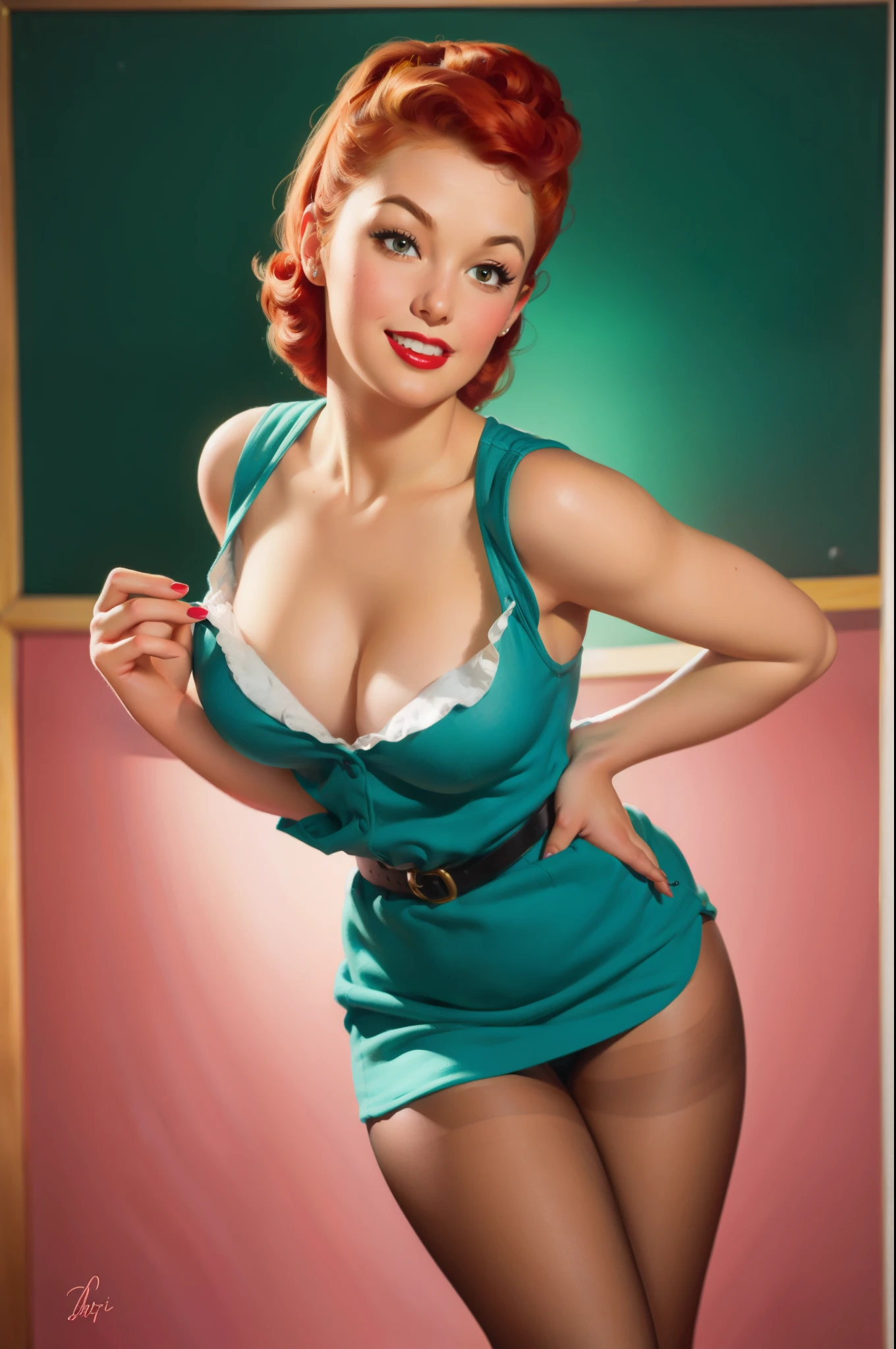 20 years old Girl in a classroom, sexy school teacher outfit, medium breast, shining skin, dramatic lighting, pin up style, sexy, surprised, , colorful , masterpieces, illustrated, shining skin, detailed face, Medium breast. tight body. red hair, Illustrated BY Zoe Mozert, pinup art byZoe Mozert, vintage pin up, illustrated by Zoe Mozert, girl pinup, pinup girl, pin-up poster girl, pin up girl, pinup, pin - up girl, Detailed face, Detailed Hands, Detailed legs,