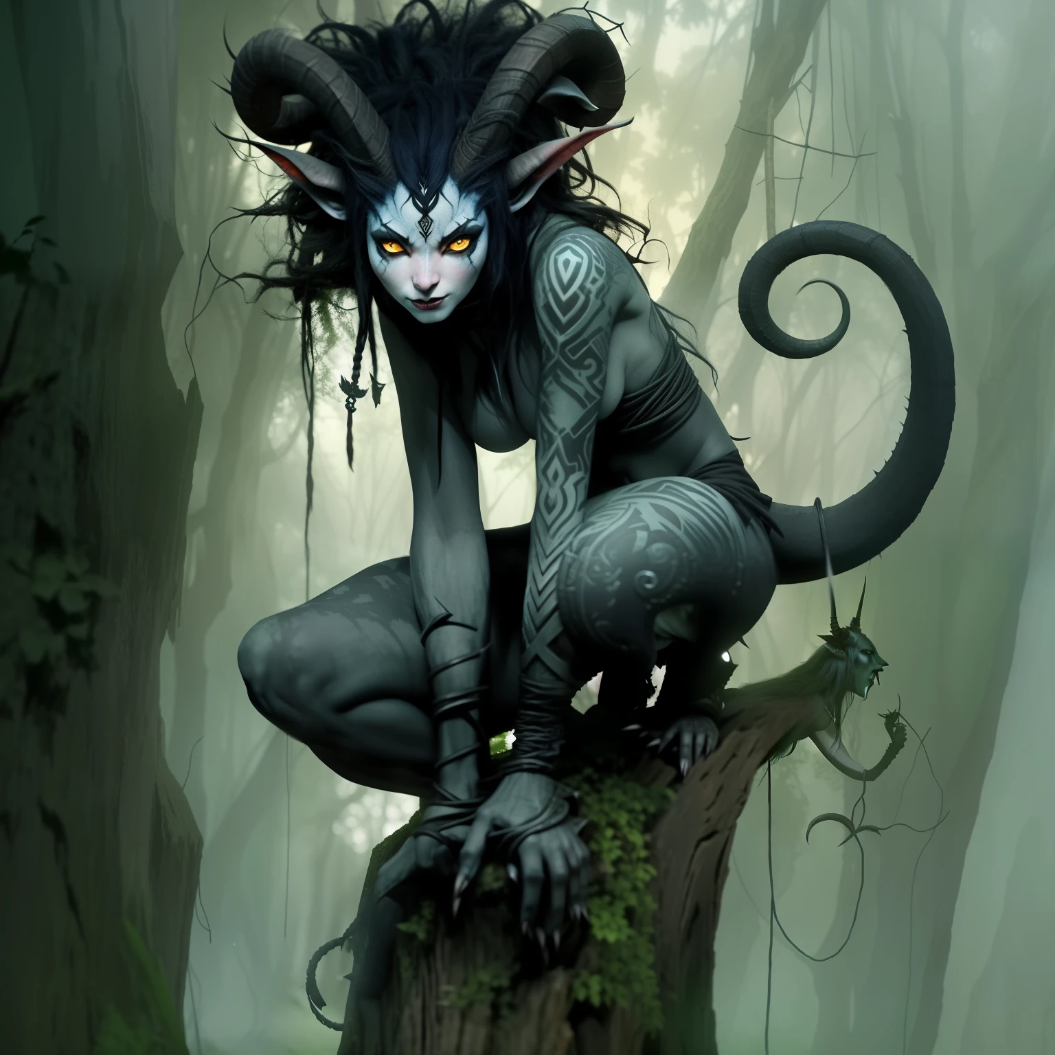 there is a woman with horns and a goat's head sitting on a tree stump, druida tiefling atraente, tiefling, druida tiefling sedutor, tiefling de d & d, tiefling azul, female humanoid creature, Fada Negra, mythical creature, Criatura de fantasia, um, a demon-like creature, um, a demon-like creature