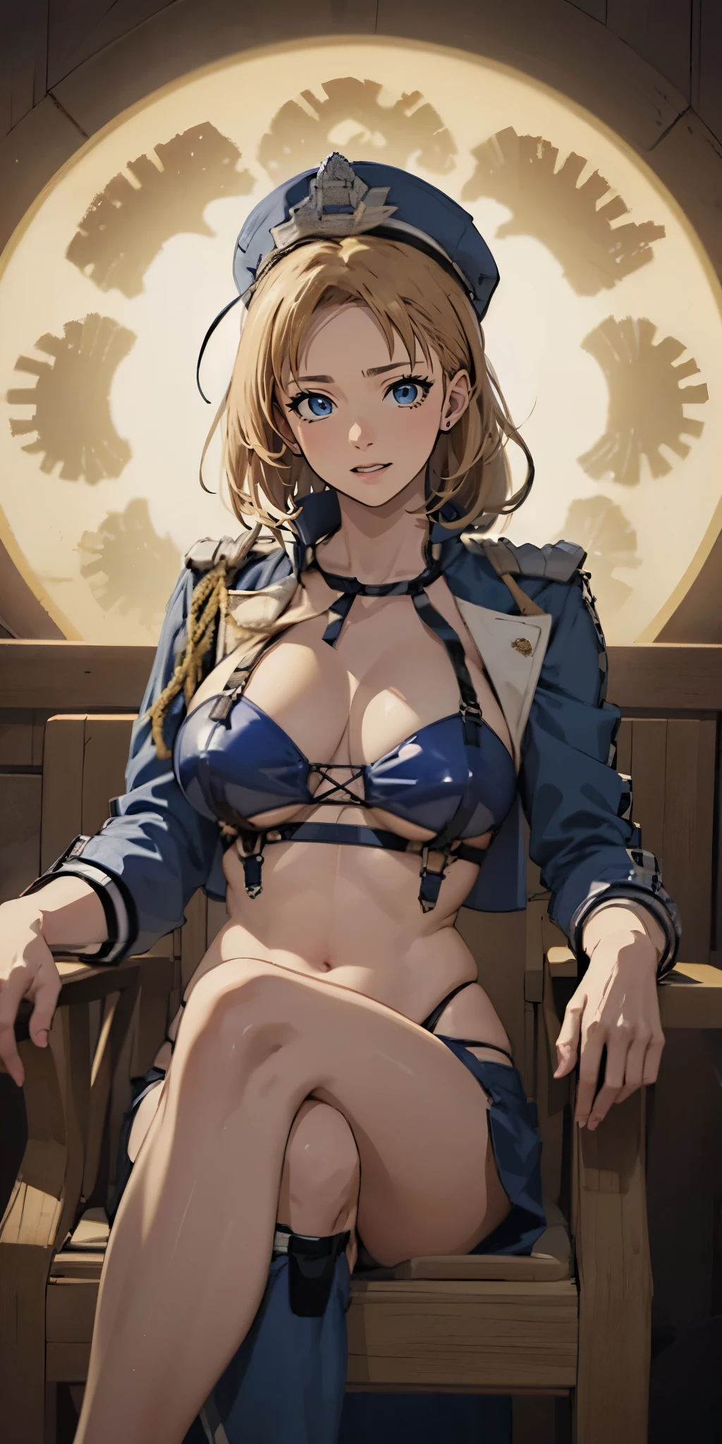 blonde hair:1.4), blue eyes, low ponytail, large breasts (best quality,4k,8k,highres,masterpiece:1.2),ultra-detailed,(realistic,photorealistic,photo-realistic:1.37), race queen, cropped jacket, huge breast, highleg bikini, micro shorts, thigh boots, peaked cap, sitting, crossed legs, armchair, nsfw, illustration, vibrant colors, warm tone, dramatic lighting, ethereal atmosphere, flowing robes, dramatic lighting, intense expression, mystical symbol, intense gaze, elegant pose, magical aura, enchanting beauty, mystical setting, enchanting artwork, intricate details. sweating, fog, steaming body
