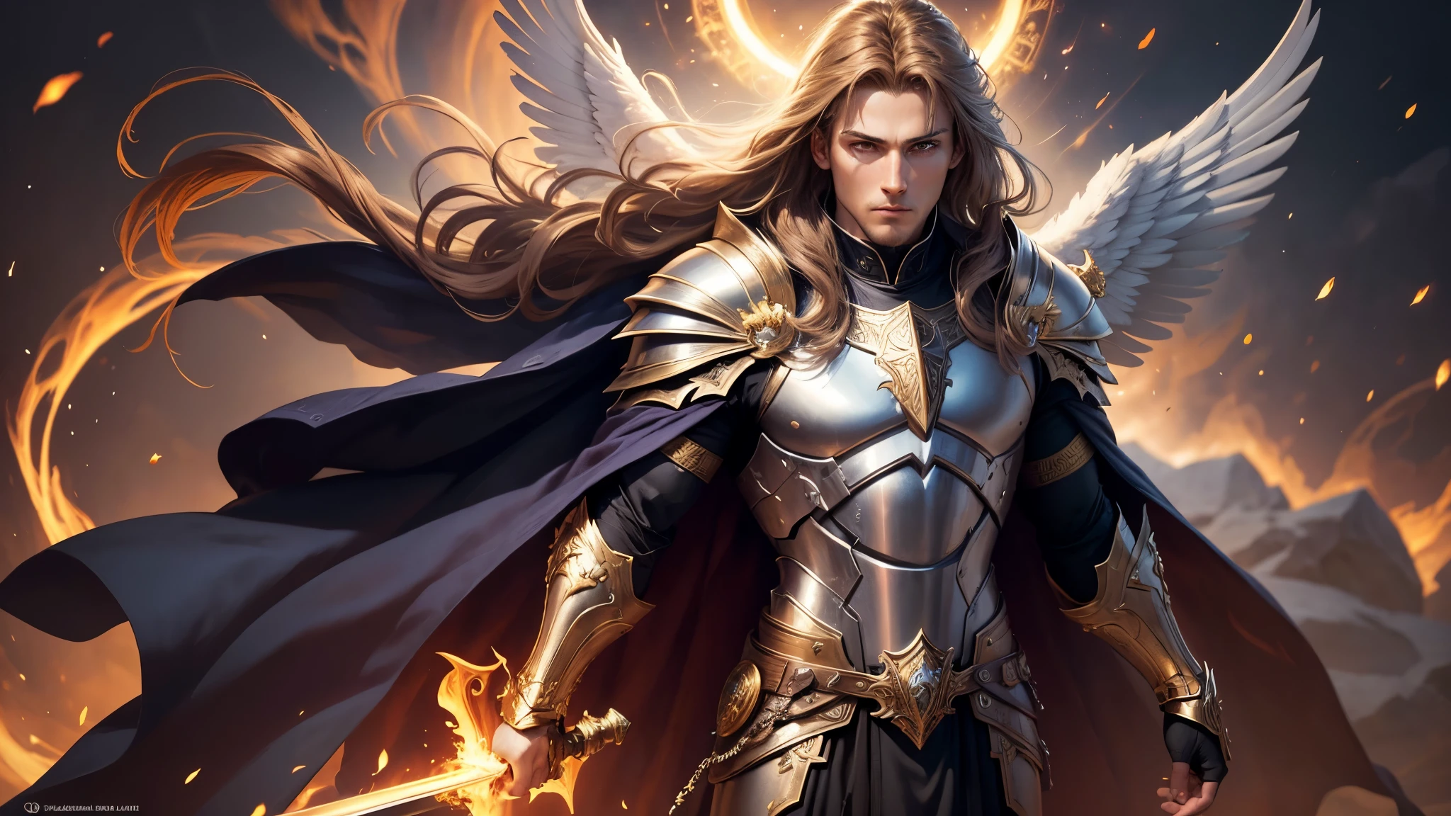 A man like the mighty Archangel Michael, with a muscular build and dark blond hair, stands in battle armor, flaming sword of golden pearls, a flaming holy aura radiating from his body, fantasy male portrait, finely detailed angelic face, a cape blue waving in the wind and a background of dark smoke. Rendered in UHD with a highly detailed and realistic painting style inspired by the works of Fantasy Art Portrait, Archangel, Epic Fantasy Art Portrait, by Roman Bezpalkiv, Behance Fantasy Art, Laura Sava, Luis Royo --self