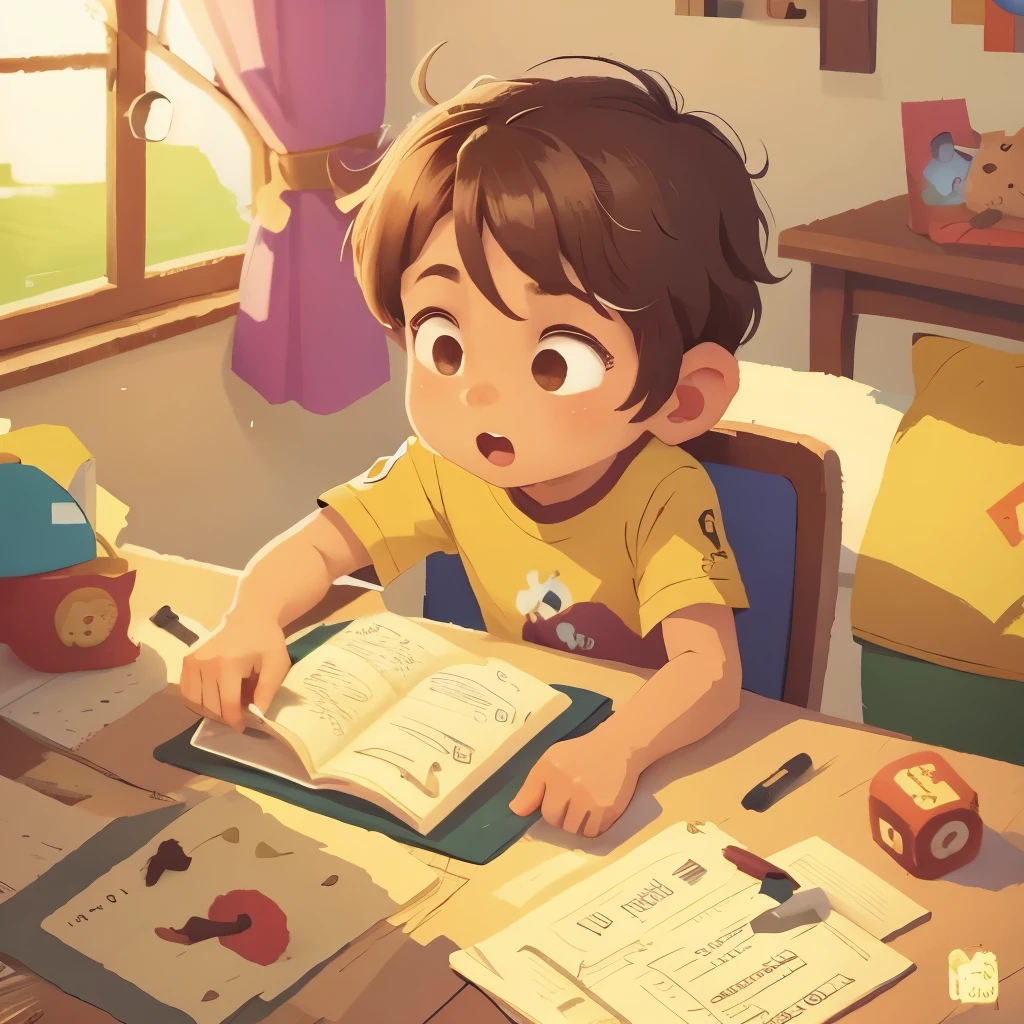 (obra de arte, melhor qualidade:1.2), Pedrinho, a five year old , pegando uma caixa grande e foi colocando dentro os pintinhos