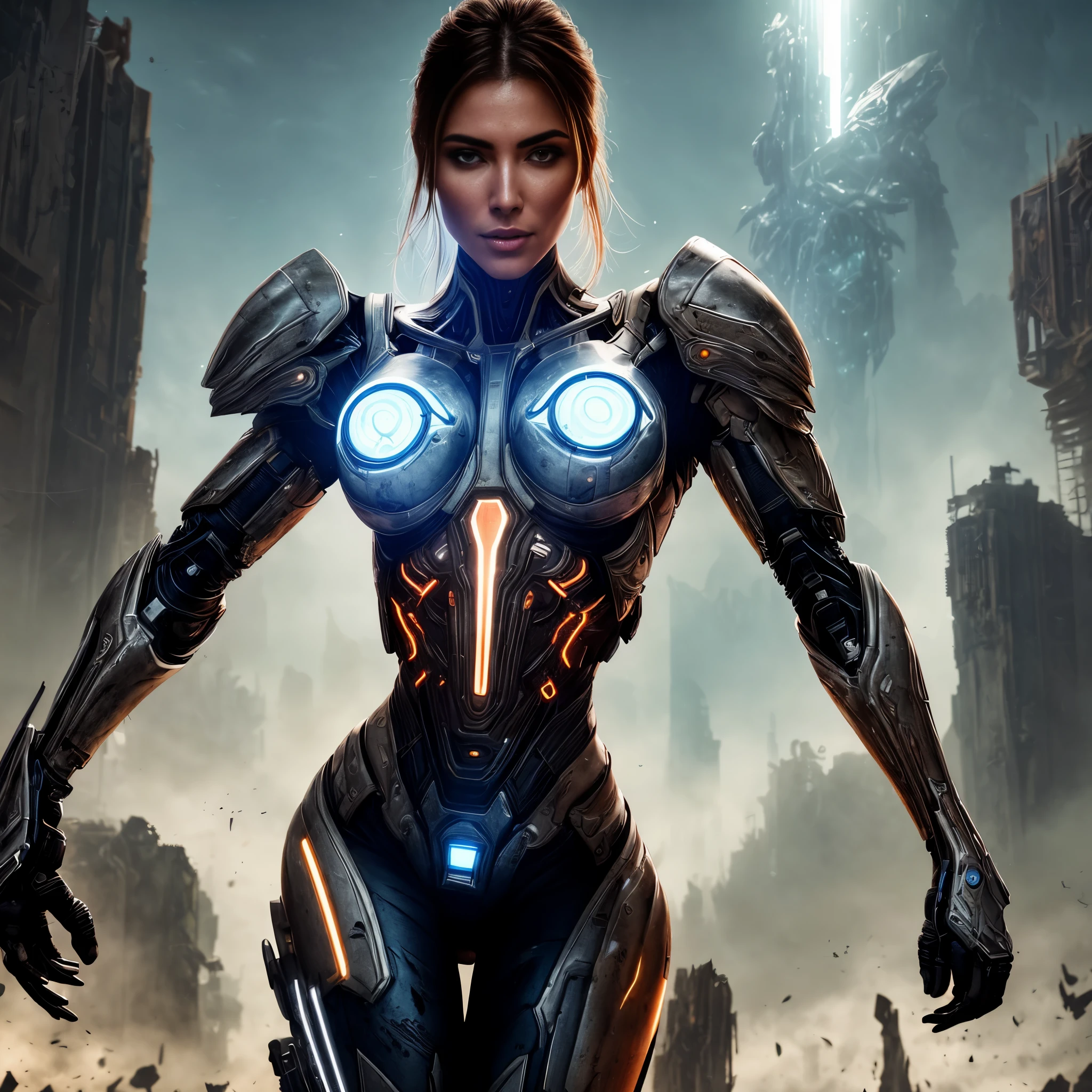 Medium shot of a sexy female cyborg wearing scratched and stained futuristic armor in a destroyed futuristic city, fantasia, sci-fi, lindo rosto feminino, sedutor, sexual, mist, vivid and seductive eyes, obra-prima da melhor qualidade, fotorrealista, detalhado, 8K, hdr, profundidade superficial de campo, luz ampla, alto contraste, backlight, florescer, brilhos de luz, Chromatic aberration, sharp focus, Foto colorida RAW