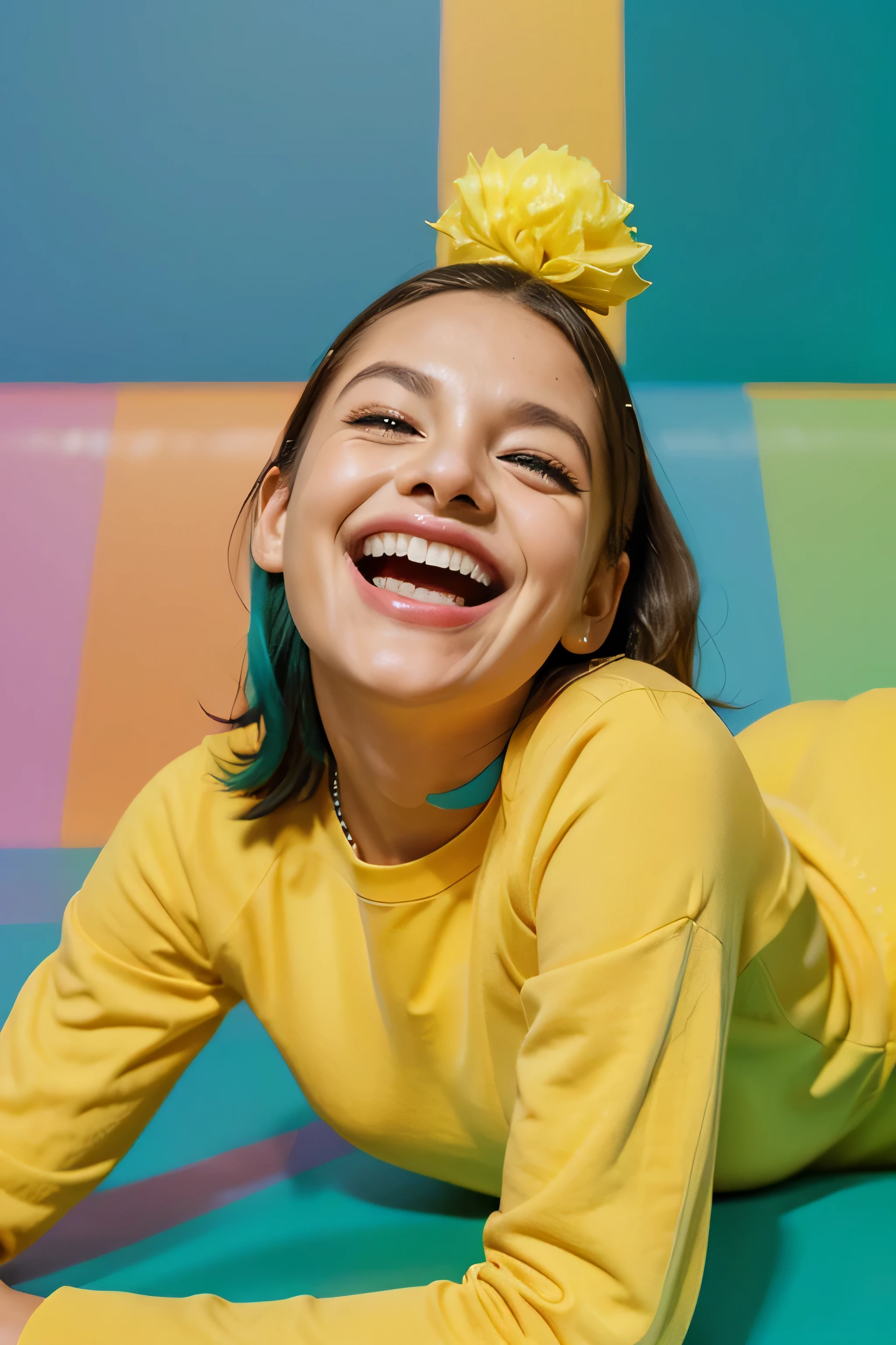 a {🤣stylish girl, Rolling on the Floor Laughing A yellow face with a big grin and scrunched, X-shaped eyes, tilted on its side as if rolling on the floor laughing (the internet acronym ROFL). Sheds two tears and tilts right on most platforms. Often conveys hysterical laughter more intense than 😂 Face With Tears of Joy..} in a color layered background, in the style of vibrant illustrations, editorial illustrations playful streamlined forms, festive atmosphere, rough chalk, minimal art