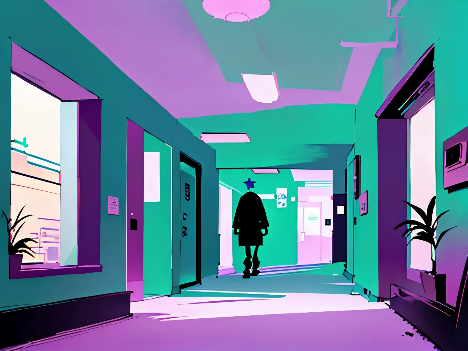 Hospital corridor, blue, dreamcore, Pastel background vaporwave lofi