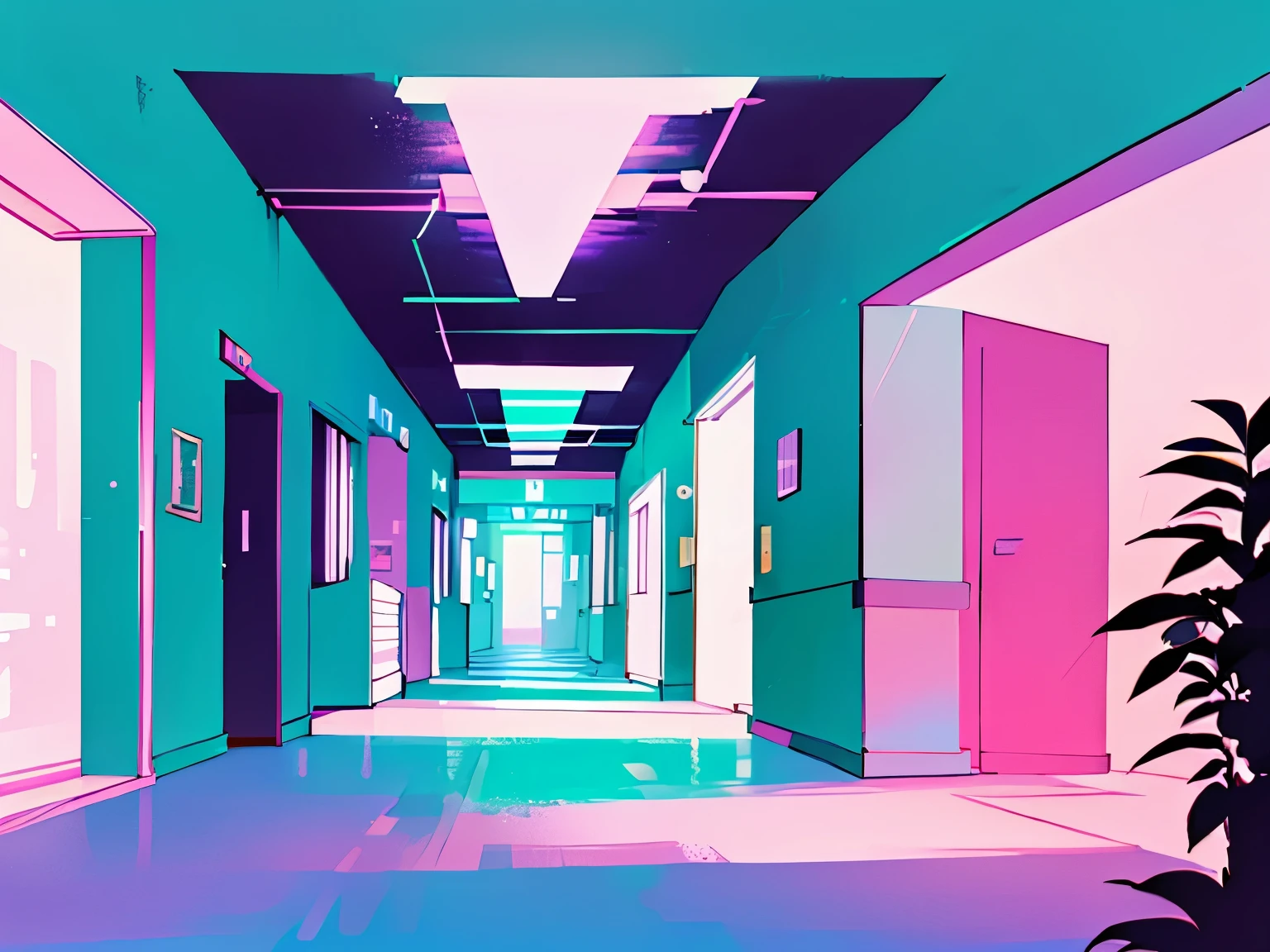 Hospital corridor, blue, dreamcore, Pastel background vaporwave lofi