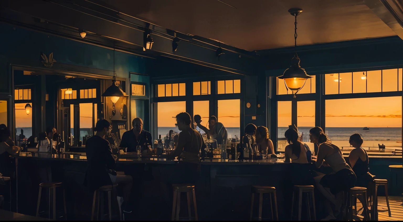 Edward Hopper-style photograph of a bar in Parisian Cafe style by the stunning beach during sunset at a vacation spot