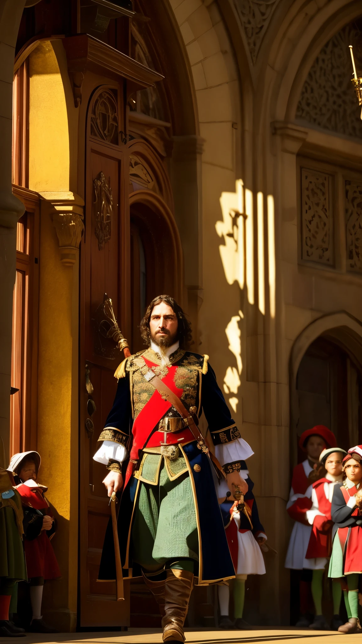 Create an authentic visual scene showcasing the Pied Piper in front of the closed town hall doors, his face etched with frustration and disappointment, as he realization sinks in that the city did not fulfill its pledge. The once-jovial figure, dressed in colorful attire and holding a pipe, now looks somber and aggrieved. His piercing gaze is fixed on the door, his mouth set in a firm line. The scene is captured in high resolution, with every detail of his clothing and facial features rendered in exquisite detail. The contrast between the bright sunlight filtering through the windows of the town hall and the Pied Piper's shadow cast by the closed doors adds to the