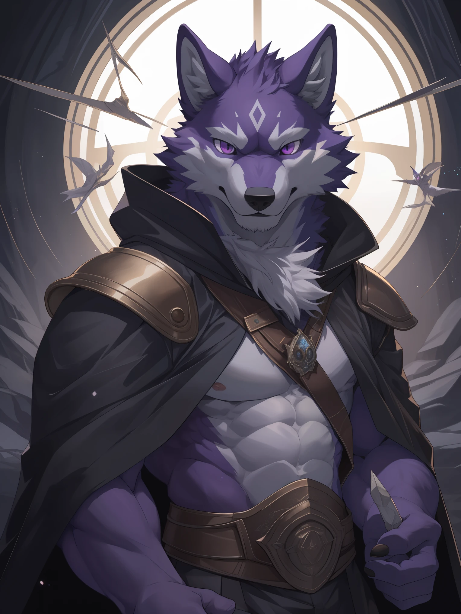 epic fantasy，fantasy warlock, soft lines，perfect lighting，Gorgeous dodge gesture，Exquisite composition，Gorgeous，super detailed，mage，The eyes are sinister，There is a hollow white diamond pattern on the forehead，pink purple eyes，hairy，purple fur，purple fur，people(Wolf)，male，19-year-old boy，purple body，white belly，Strong and lean body，mage服装，gray long cloak, super detailed face, (delicate eyes), (The background is a vast forest scene:0.5), light particles, (best quality), (masterpiece), high detail, high quality, Award-winning, high resolution, HD, 16k