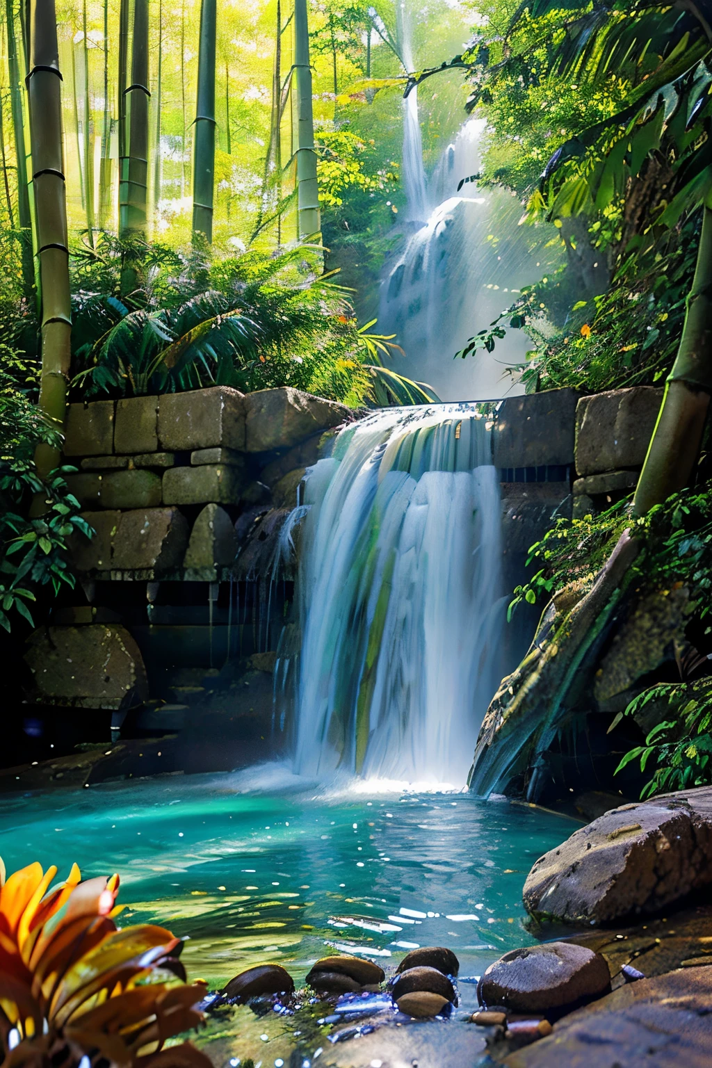 A bamboo forest radiates joy and vitality. Crystal clear waters slide over the rocks forming a curtain of refreshing mist. The air is charged with the soft sound of constant flow. Exotic plants surround the scene, vibrant in their colors and shapes. The sun shines through the trees, creating golden reflections on the surface of the water. Smiling faces dive into the pool below, embracing the energy of nature. The waterfall becomes a symbol of renewal and happiness, inviting us to celebrate life and reconnect with the beauty of the world around us.