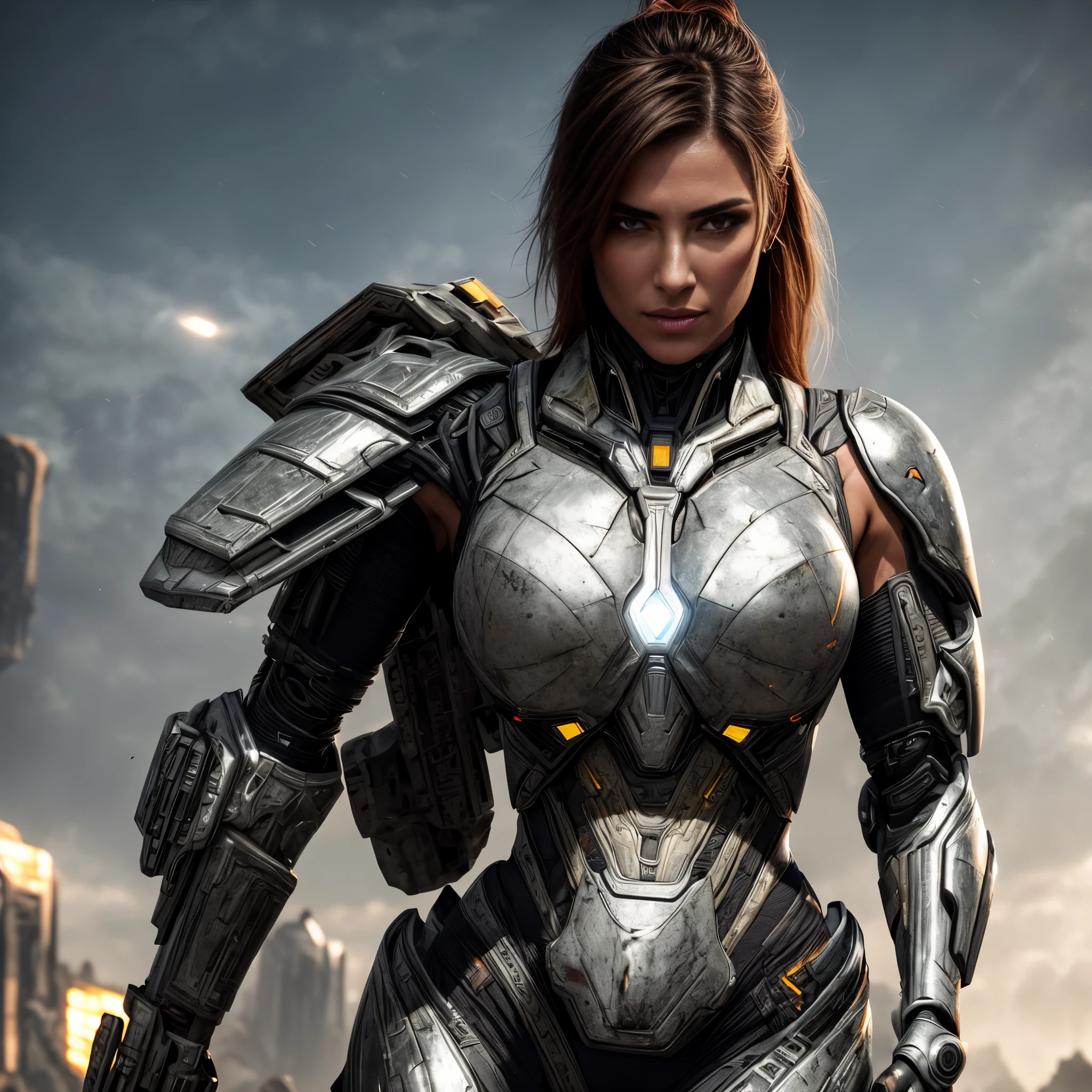 Medium shot of a sexy female cyborg wearing scratched and stained futuristic armor in a destroyed futuristic city, fantasia, sci-fi, lindo rosto feminino, sedutor, sexual, mist, vivid and seductive eyes, obra-prima da melhor qualidade, fotorrealista, detalhado, 8K, hdr, profundidade superficial de campo, luz ampla, alto contraste, backlight, florescer, brilhos de luz, Chromatic aberration, sharp focus, Foto colorida RAW