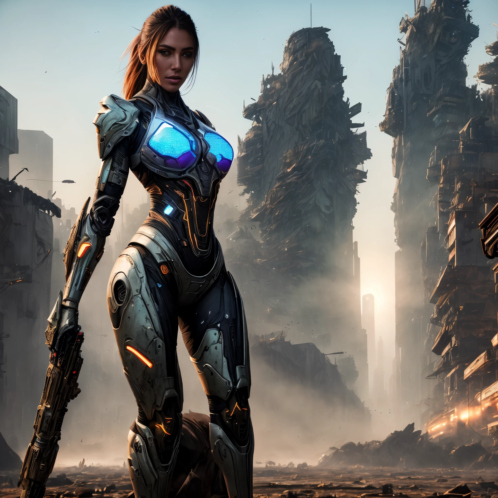 Medium shot of a sexy female cyborg wearing scratched and stained futuristic armor in a destroyed futuristic city, fantasia, sci-fi, lindo rosto feminino, sedutor, sexual, mist, vivid and seductive eyes, obra-prima da melhor qualidade, fotorrealista, detalhado, 8K, hdr, profundidade superficial de campo, luz ampla, alto contraste, backlight, florescer, brilhos de luz, Chromatic aberration, sharp focus, Foto colorida RAW