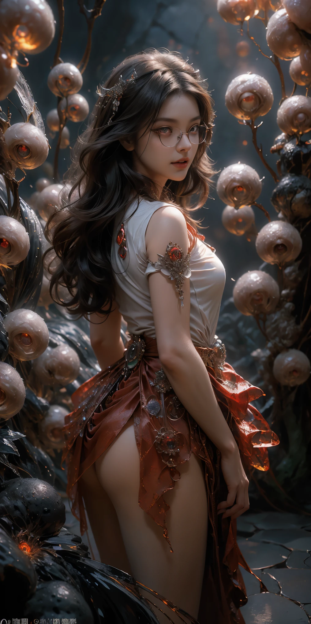 (The best illustrations)、realisitic、ultra-detailliert、The best lighting、Best Shadows、alluring succubus, ethereal beauty, perched on a cloud, (fantasy illustration:1.3), enchanting gaze, captivating pose, delicate wings, otherworldly charm, mystical sky, (Luis Royo:1.2), (Yoshitaka Amano:1.1), Dungeon and Dragon、caves、Dungeon、 A Necromancer、natta、Dark style、Succubus、Devil's Daughter、Bat Wings,(((Demon Hornlack-rimmed round glasses))))、(red eyes glowing:1.6)、beautiful countenance、Tindall Effect、(High Detail Skins:1.2) absurderes、Ponytail distortion、jewely、Beautiful expression、Toned waist、Wide buttocks、Tindall Effectmasuter piece、top-quality、Highest Standards、Top image quality、masutepiece、intricate detailes、High resolution、Depth Field、natural soft light、profetional lighting、Great smile、(High Detail Skin: 1.2)、photorealistic anime girl render、Strong highlights of the eyes、Perfect Anatomy、crotch open、Shy、Spreading your legs、Panties are visible、Skirt flipping、Body shiny with oilerectile nipple))、8K resolution、intricate clothing、Intricate details