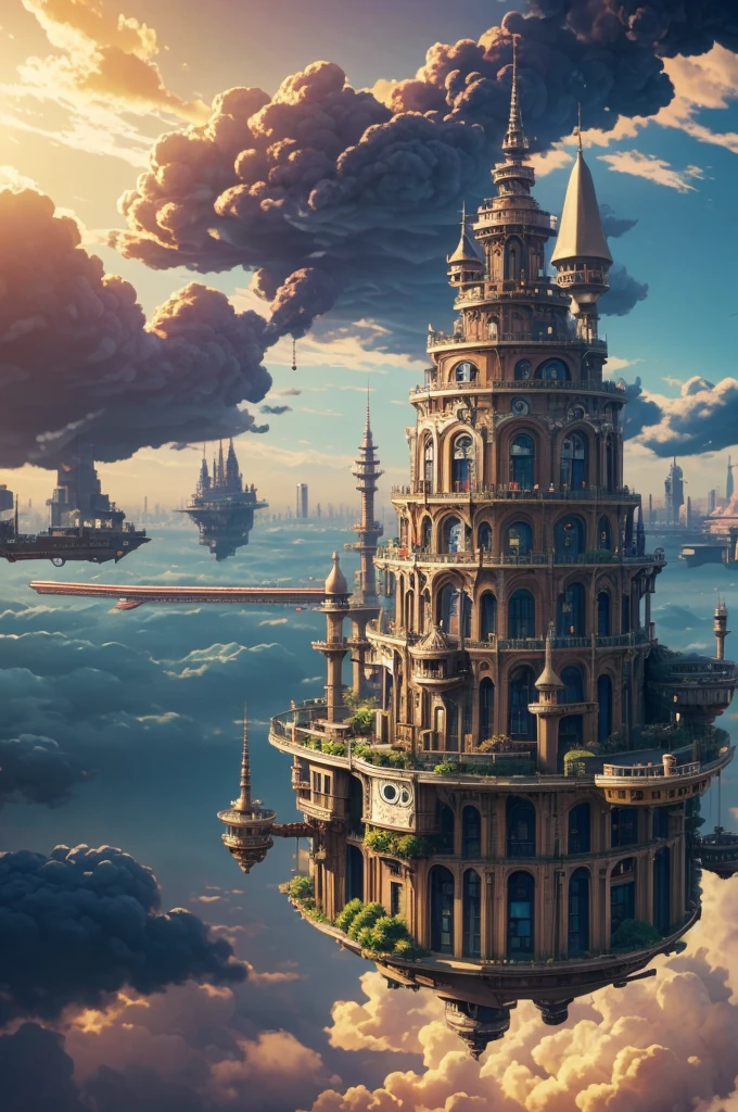 super detail, high details, high quality, 8k, Miyazaki style, a steampunk-style city floating in the sky, clouds and diverse architecture, exuding mystery and technology --v 6