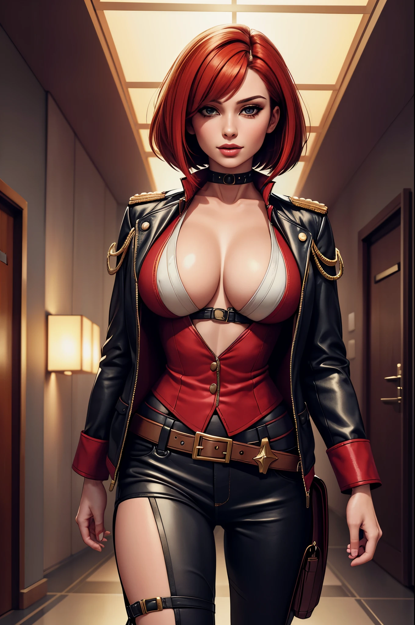 red bob cut, beautiful woman, starship captain, short jacket, cowboy shot, flirty, military bearing, standing, pirate