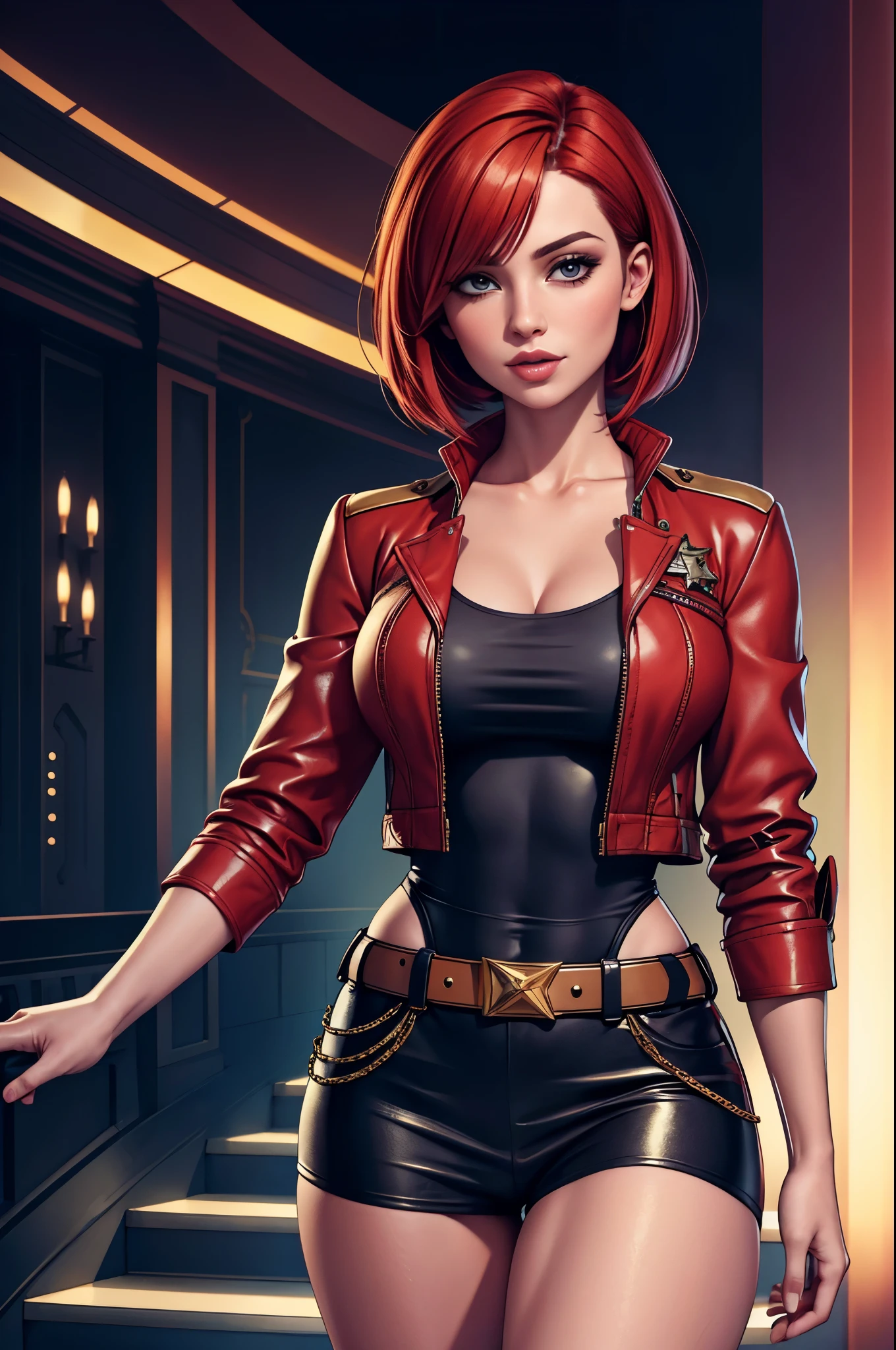 red bob cut, beautiful woman, starship captain, short jacket, cowboy shot, flirty, military bearing, standing, pirate