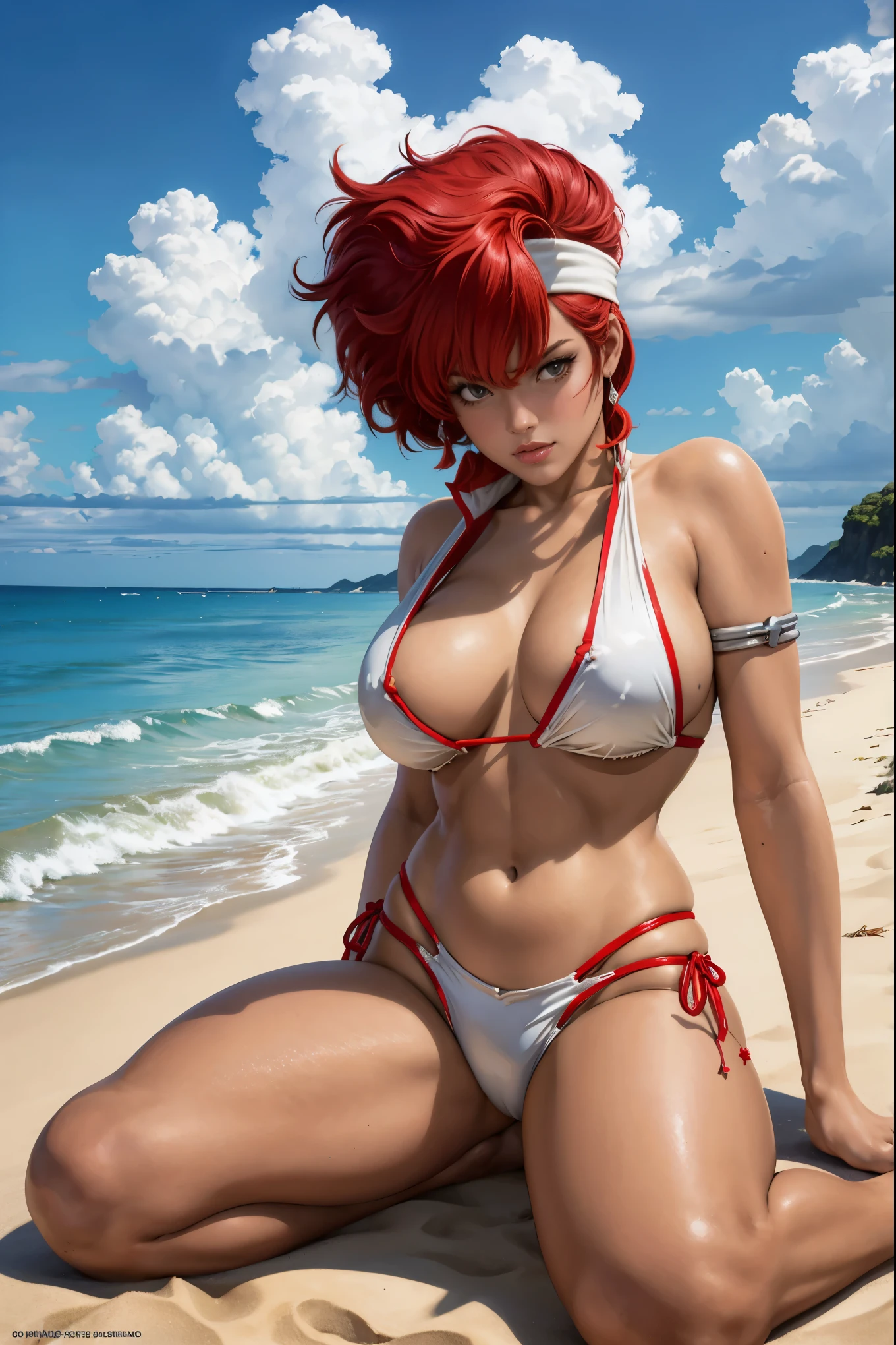 Art image of Kei from the Dirty Pair, light greeb bikini on beach, red short hair, busty, beautiful, large breasts, by Louis Royo, Boris Vallejo, J. Scott Campbell, extreme focus, sharp details, sexy,  oily skin, show feet, full body