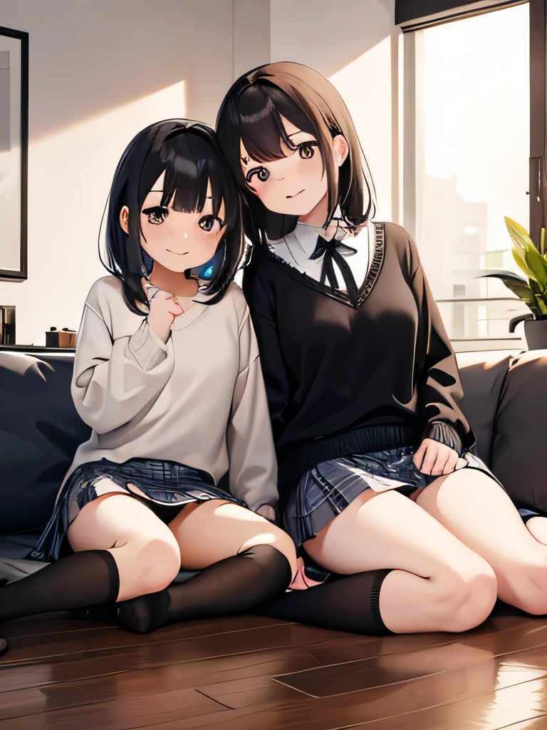 (1) two women sitting next to each other, drink alcohol on the wooden floor. they are sitting ducks (girl sitting) Her white panties can be seen between her thighs and skirt..
(2) The first woman is wearing a long-sleeved turtle knit, miniskirt and black socks. long black hair. mature face.
(3) The second woman is wearing a long sleeve high neck knit, plaid mini skirt, and white leg warmers. short brown hair. Her face is young.
(4) Location: living room at night.
(5) Both women are provocative and grinning.