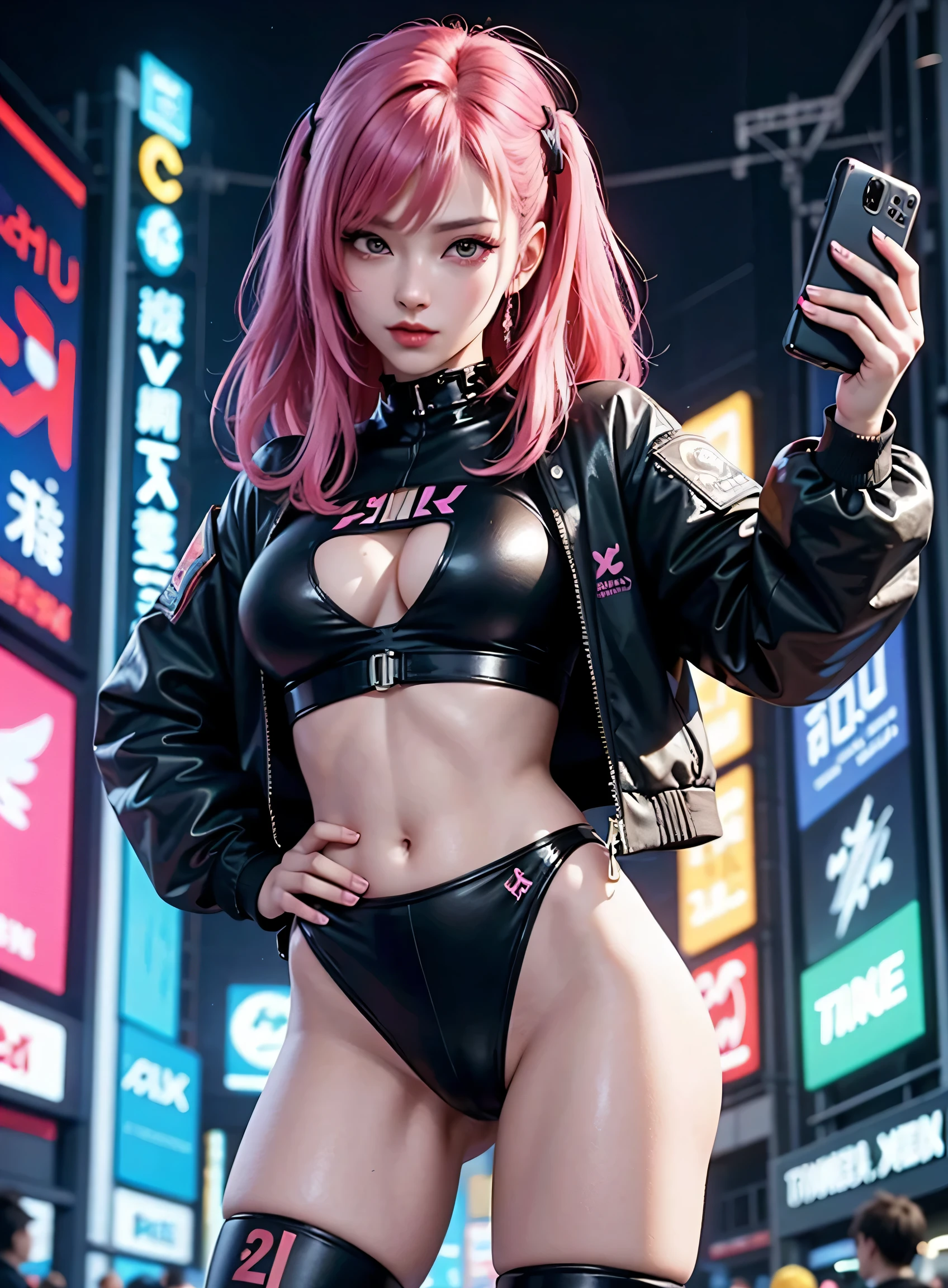 sfw, masterpiece, best quality, ((2 cyberpunk girls standing together taking selfie portrait)), ((((Harajuku-inspired cyberpunk clothing)))), bold colors and patterns, eye-catching accessories, trendy and innovative hairstyle))), dazzling Cyberpunk cityscape, skyscrapers, glowing neon signs, LED lights, anime illustration, detailed skin texture, detailed cloth texture, beautiful detailed face, intricate details, ultra detailed, cinematic lighting, strong contrast, wearing bra,((skinny waist)), young asian girl, ((big breasted)),