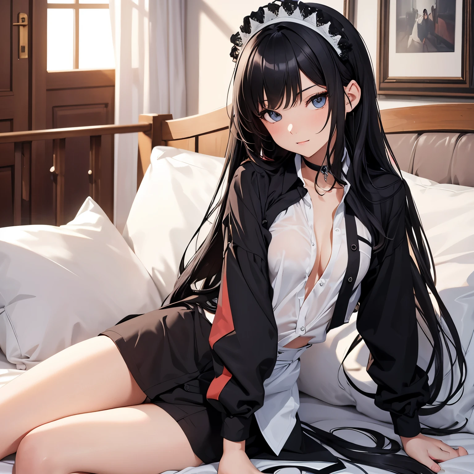 High image quality0.5,A 20-year-old maid in a sexy position without pants has black hair and a shirt that shows through.