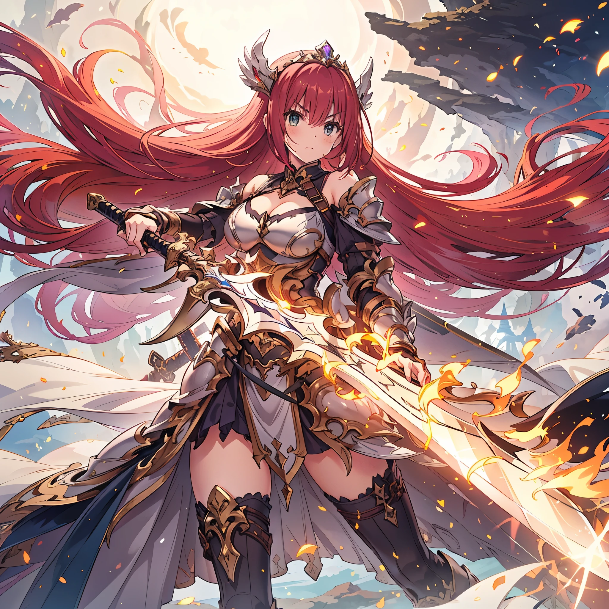 (masterpiece), best quality, fantasy art, 1girl, a girl in metal armor holding sword, ((sword of flame)), ((close-up of sword)), (huge sword), PlantedSword,(holding sword). pink_dress, white_armor,cropped shoulders armor, plate armor, armor dress,gauntlets, red hair, long hair, tiara,cleavage, thighs, thighhighs,glaring, weapeon, (sword:1.3),PlantedSword, full moon