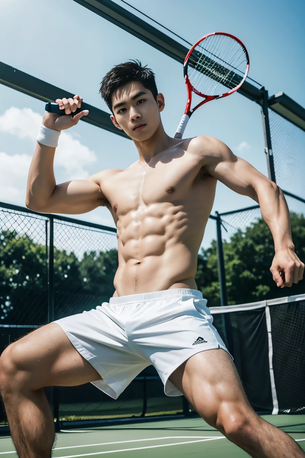 Asian Chinese tennis player wearing only shorts , shirtless, slim big muscle, white pale skin, holding a tennis racket, altura 190 cm, ombro grande, big foot muscle, (detalhe do olho de gaveta), (realestic), in a tennis court,