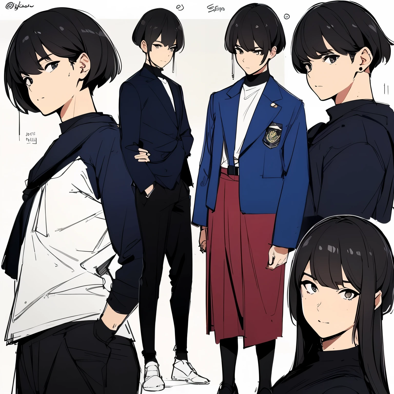 masterpiece,highest quality,official art,Highly detailed CG Unity 8k wallpaper,1 girl,junior high school girl、short bob black hair、cute face、Childhood friend of the main character、uniform(navy blue blazer、white shirt、red ribbon、navy pleated skirt、navy blue socks、brown loafers) ，Character Design，Juze Shegui，simple background，parchment，sketch line drawing。