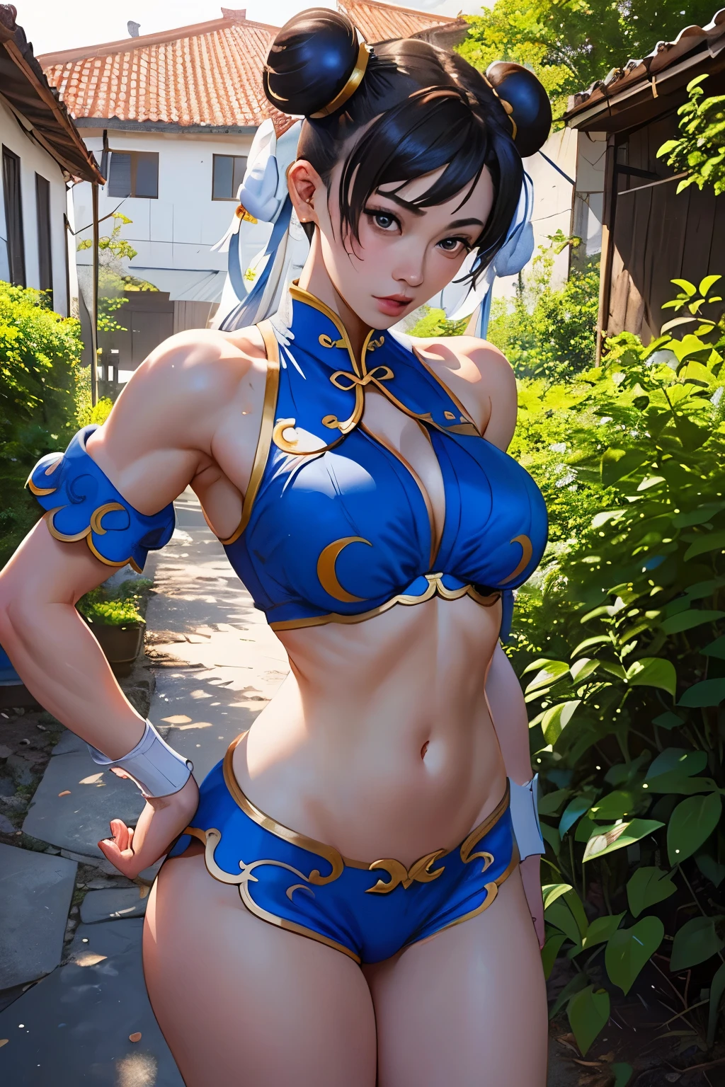 (((Chun li))), with short shorts and bra, on a farm in the courtyard, boca fechada, Full Character View, y, ((melhor qualidade)), ((obra de arte)), (detalhado), rosto perfeito, ((pernas e bunandes)), (quadril largos e peitos eos), cabelo pretos e olhos azulados