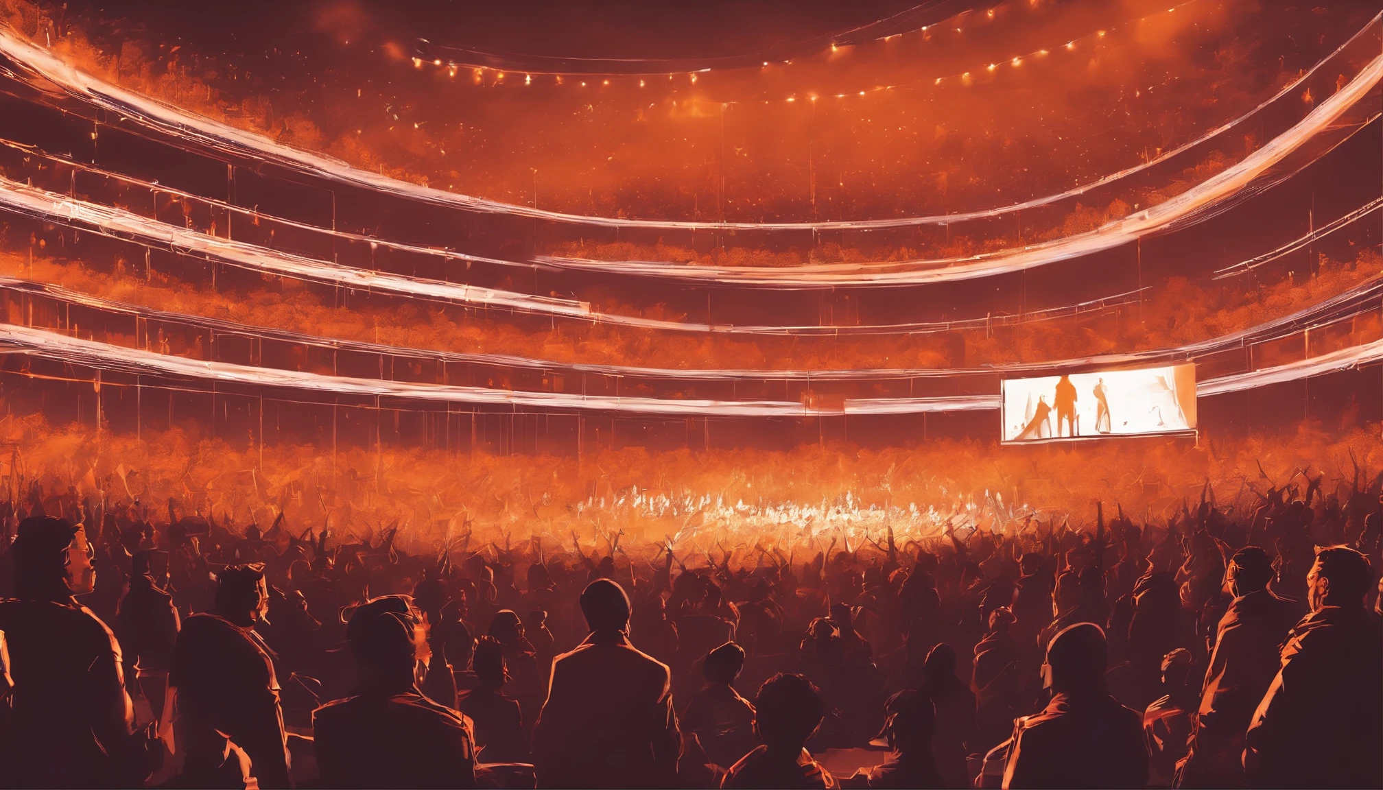 people looking at stage, cheering up, orange atmosphere, no people standing on the stage, no overlapping between people, stage lighting, far away view, huge stage