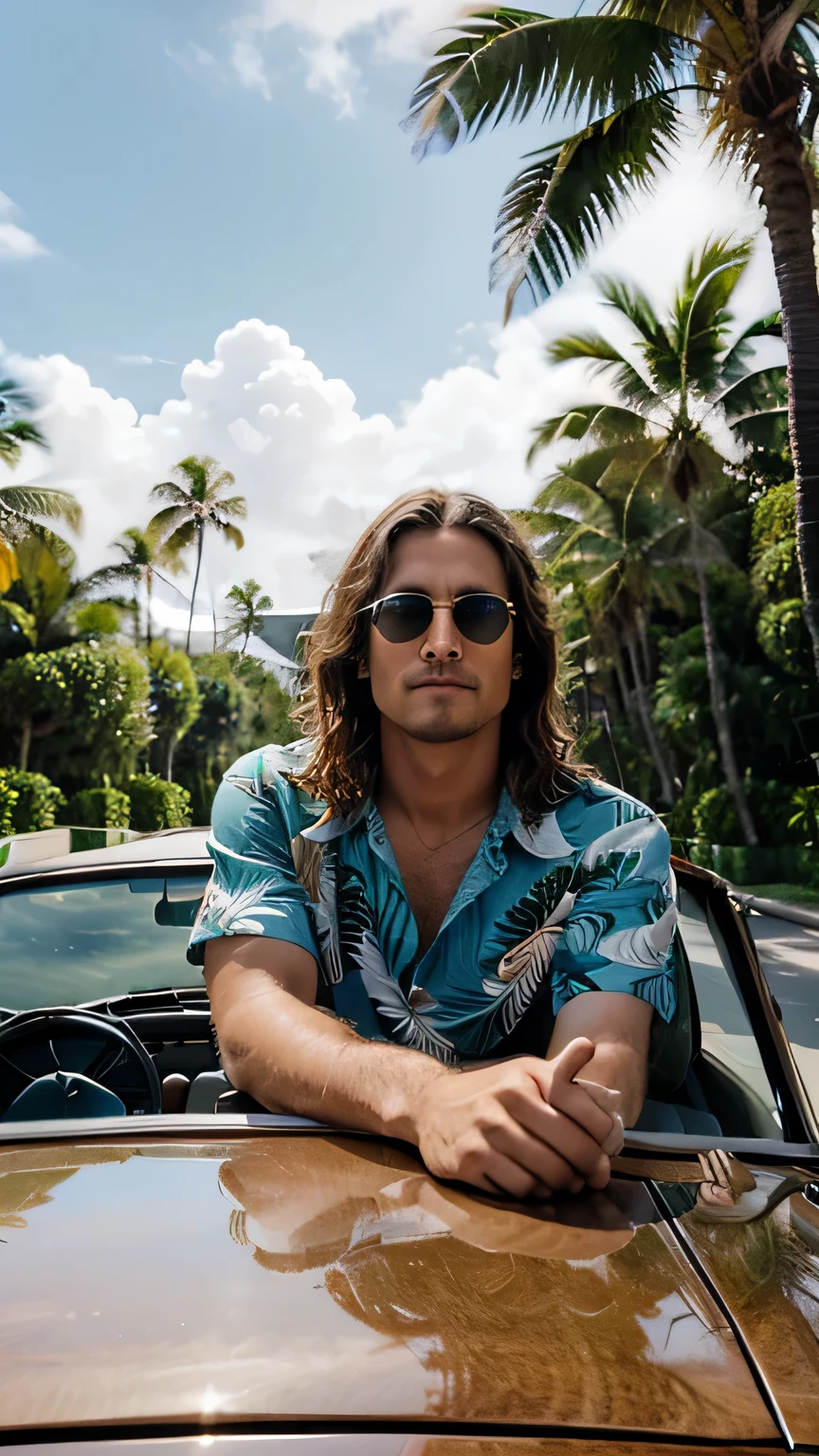 ((best quality)), ((masterpiece)), (detailed), a man with shoulder length wavy hair, wearing a minimalistic hawaiian shirt, driving a classic car in an island road surrounded by palm trees, wearing round sunglasses