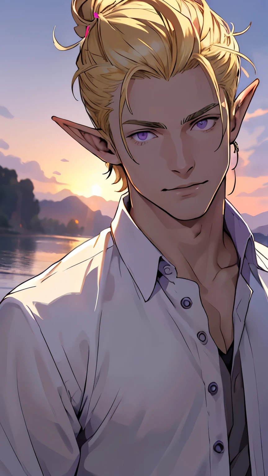 (masterpiece), best quality, high quality, 1 man, beautiful face, handsome, sunlight, elf ears, pointy ears, handsome, blonde hair, bun hairstyle, casual clothes, purple eyes, upper body, yacht background, looking straight, purple eyes,