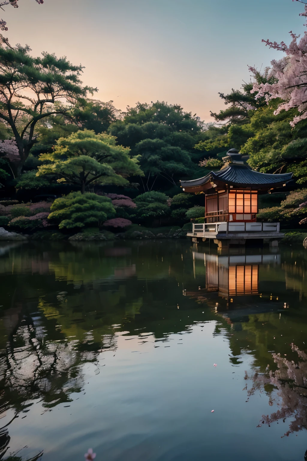 (pintura digital),(melhor qualidade), serene japanese garden, cherry blossoms in full bloom, lagoa de carpas, passarela, pagoda, Estilo de arte Ukiyo-e, Hokusai Inspiration, Deviant Art popular, 8k ultra-realista, esquema de cores pastel, soft lighting, Hora dourada, atmosfera tranquila, landscape orientation