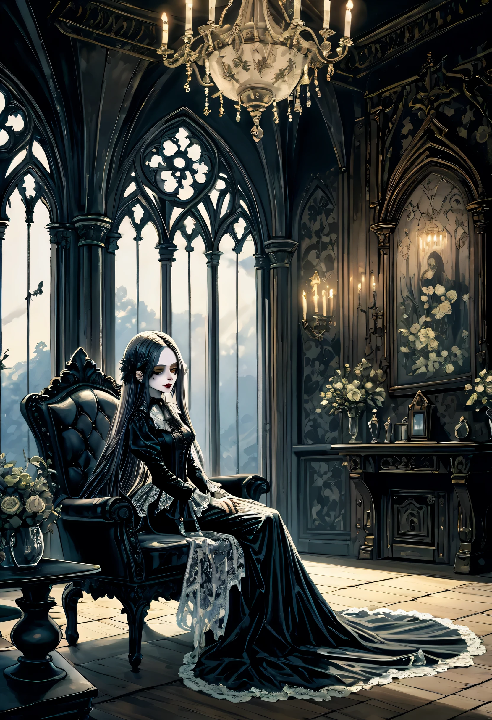 Gothic aesthetic illustration oil painting, mysterious atmosphere, Gothic elegance and intricate details, dim room, Elegant woman in a gothic dress, A scolding gaze, looking from the side, The delicate features of Gothic are emphasized., Ornate furniture and delicate lace curtains, in beautiful gothic architecture, elaborate furniture and decorations, white lamp shining in the corner, fantastic shine, luxurious interior, gothic chairs and table, grunge painted gouache, tonal contrast, highly detailed gothic, high quality, 最high quality, Cinematic angle and light, Gothic Beauty, Gothic aesthetic illustration ultra-fine madness, Elegant work with gothic pattern, sharp gaze upwards, The delicate features of Gothic are emphasized., A beautiful flower blooming in solitude, gothic texture sky, grunge painted gouache, high contrast, highly detailed gothic, high quality, 最high quality, Cinematic angle and light,