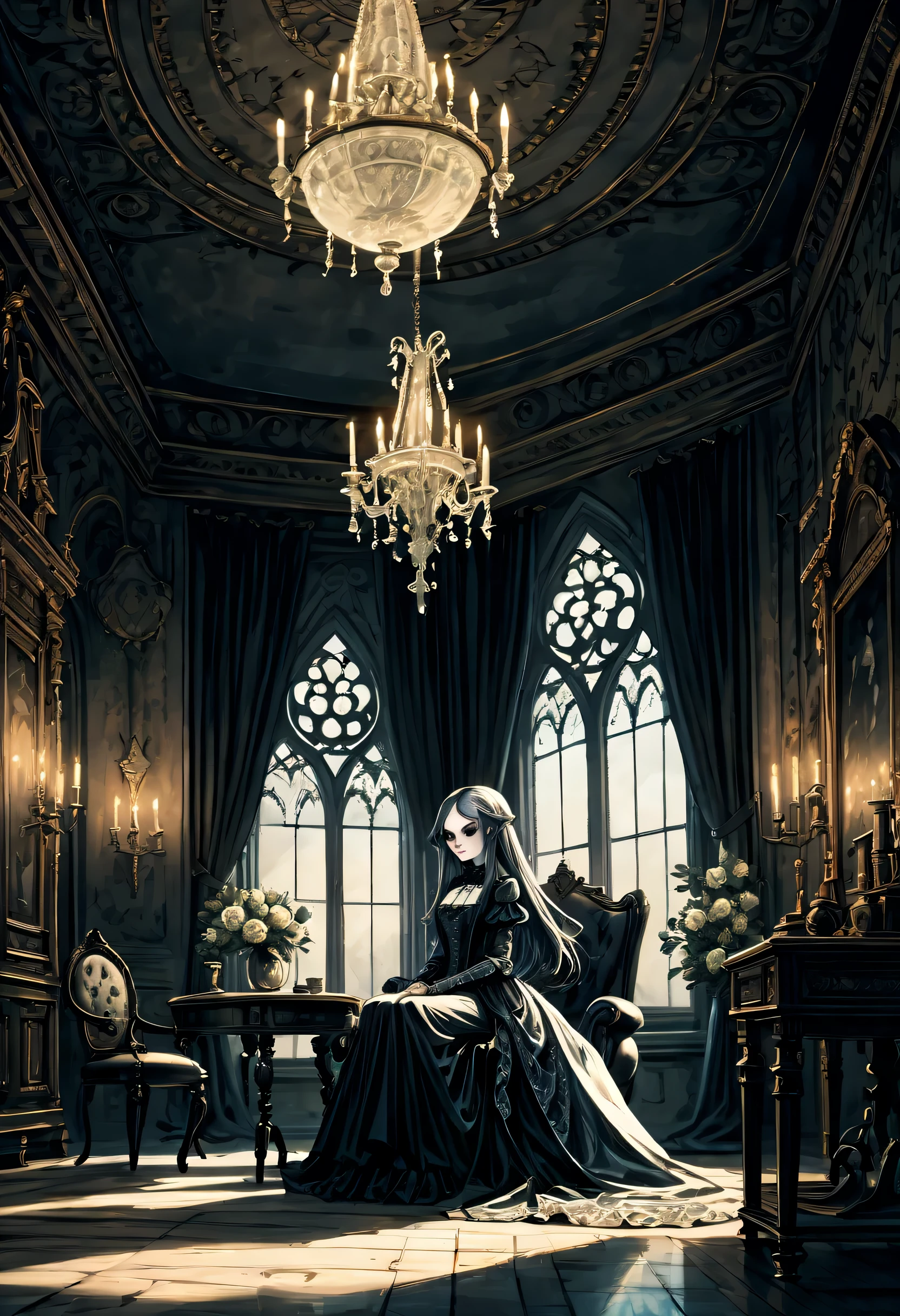 Gothic aesthetic illustration oil painting, mysterious atmosphere, Gothic elegance and intricate details, dim room, Elegant woman in a gothic dress, A scolding gaze, looking from the side, The delicate features of Gothic are emphasized., Ornate furniture and delicate lace curtains, in beautiful gothic architecture, elaborate furniture and decorations, white lamp shining in the corner, fantastic shine, luxurious interior, gothic chairs and table, grunge painted gouache, tonal contrast, highly detailed gothic, high quality, 最high quality, Cinematic angle and light, Gothic Beauty, Gothic aesthetic illustration ultra-fine madness, Elegant work with gothic pattern, sharp gaze upwards, The delicate features of Gothic are emphasized., A beautiful flower blooming in solitude, gothic texture sky, grunge painted gouache, high contrast, highly detailed gothic, high quality, 最high quality, Cinematic angle and light,