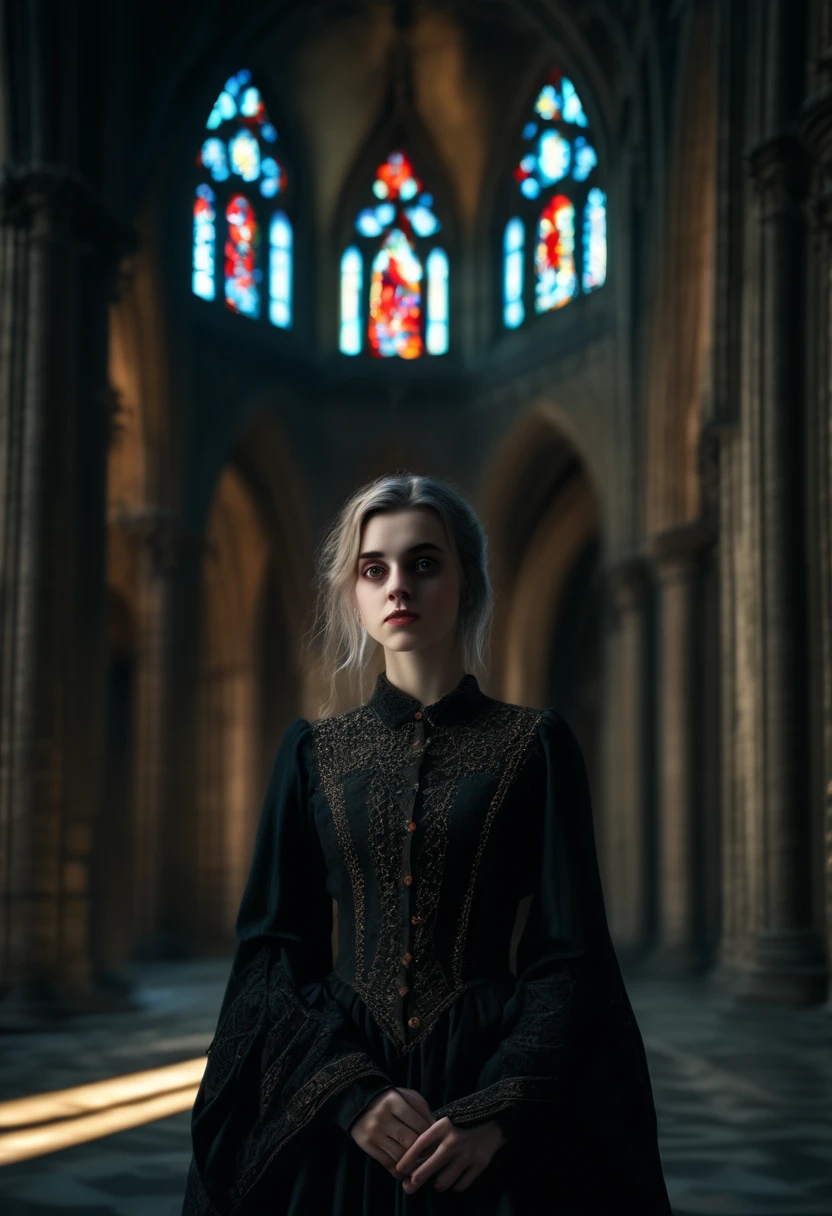 1girl, gothic aesthetic, Grand Gothic Cathedral; Dark Eerie Atmosphere, Hyperrealistic, sharp focus shot, intricately detailed, color depth, dramatic, side light, colorful stars, intricate details, HDR, beautifully shot, hyperrealistic, sharp focus, megapixels, perfect composition, high contrast, cinematic, atmospheric, moody