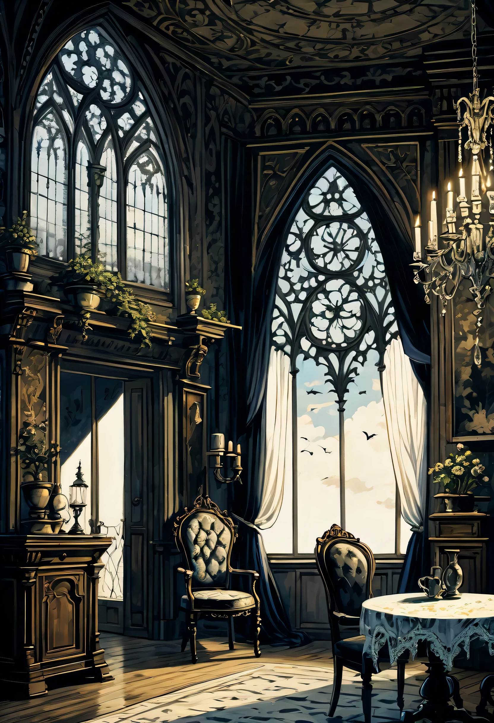 Gothic aesthetic illustration oil painting, mysterious atmosphere, Gothic elegance and intricate details, dim room, Elegant woman in a gothic dress, A scolding gaze, looking from the side, The delicate features of Gothic are emphasized., Ornate furniture and delicate lace curtains, in beautiful gothic architecture, elaborate furniture and decorations, white lamp shining in the corner, fantastic shine, luxurious interior, gothic chairs and table, grunge painted gouache, tonal contrast, highly detailed gothic, high quality, 最high quality, Cinematic angle and light, Gothic Beauty, Gothic aesthetic illustration ultra-fine madness, Elegant work with gothic pattern, sharp gaze upwards, The delicate features of Gothic are emphasized., A beautiful flower blooming in solitude, gothic texture sky, grunge painted gouache, high contrast, highly detailed gothic, high quality, 最high quality, Cinematic angle and light,