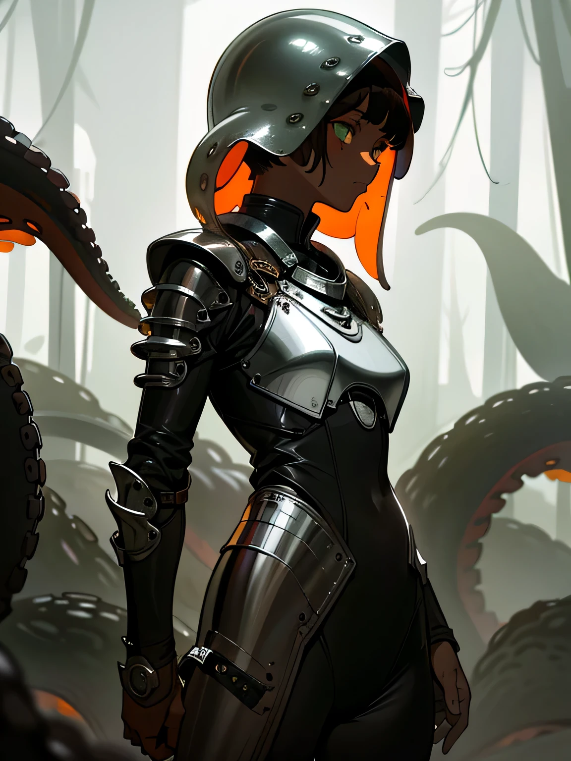 (((horror tentacles))), Biopunk girl, (dark skin), ((dark brown skin)), (brown dark skin), short hair, Brown hair, Green eyes, red helmet-mouth, sharp silver inserts, multi-membrane bib, spinal girdle, Short clothes, Hans Giger accessories, von Zdzislaw Beksinski, ((cold lighting)), dark oily liquids, A ruined environment, gloomy foggy landscapes, highly detailed art, very detailed background