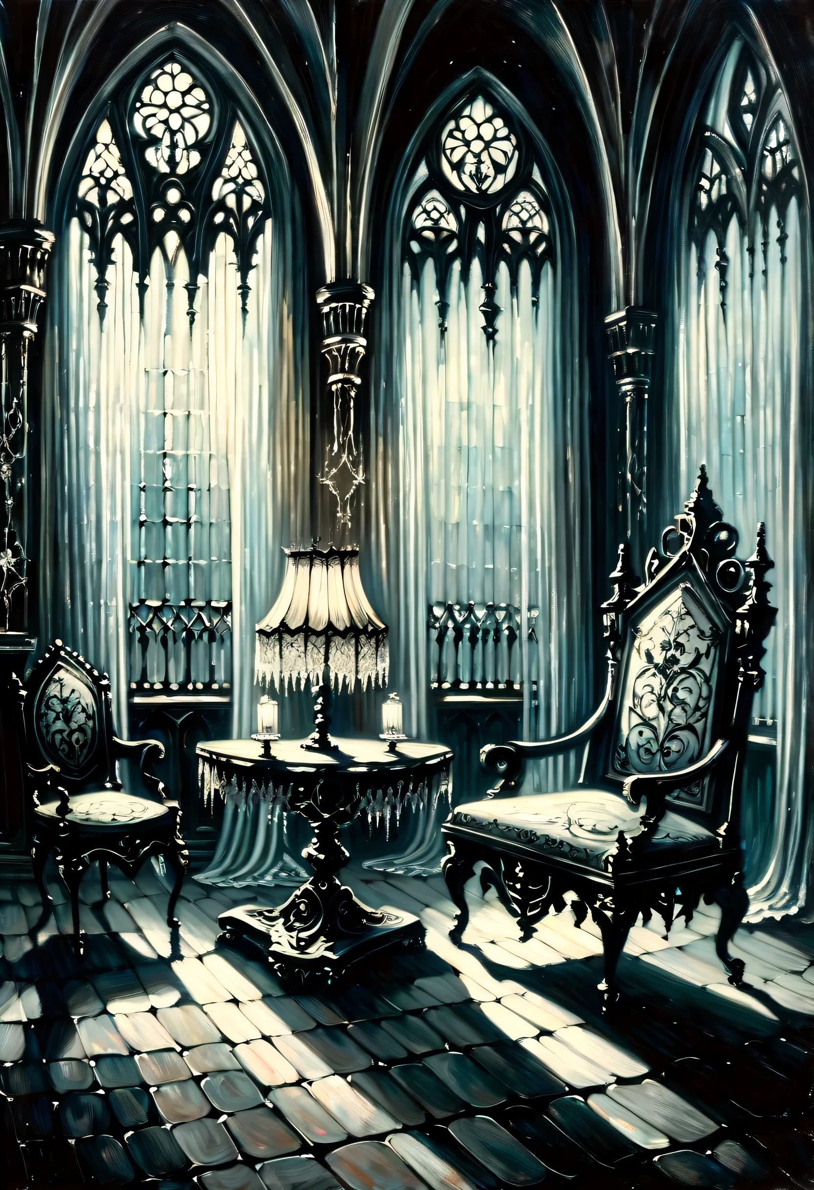 Gothic aesthetic illustration oil painting, mysterious atmosphere, Gothic elegance and intricate details, dim room, Elegant woman in a gothic dress, A scolding gaze, looking from the side, The delicate features of Gothic are emphasized., Ornate furniture and delicate lace curtains, in beautiful gothic architecture, elaborate furniture and decorations, white lamp shining in the corner, fantastic shine, luxurious interior, gothic chairs and table, grunge painted gouache, tonal contrast, highly detailed gothic, high quality, 最high quality, Cinematic angle and light, Gothic Beauty, Gothic aesthetic illustration ultra-fine madness, Elegant work with gothic pattern, sharp gaze upwards, The delicate features of Gothic are emphasized., A beautiful flower blooming in solitude, gothic texture sky, grunge painted gouache, high contrast, highly detailed gothic, high quality, 最high quality, Cinematic angle and light,
