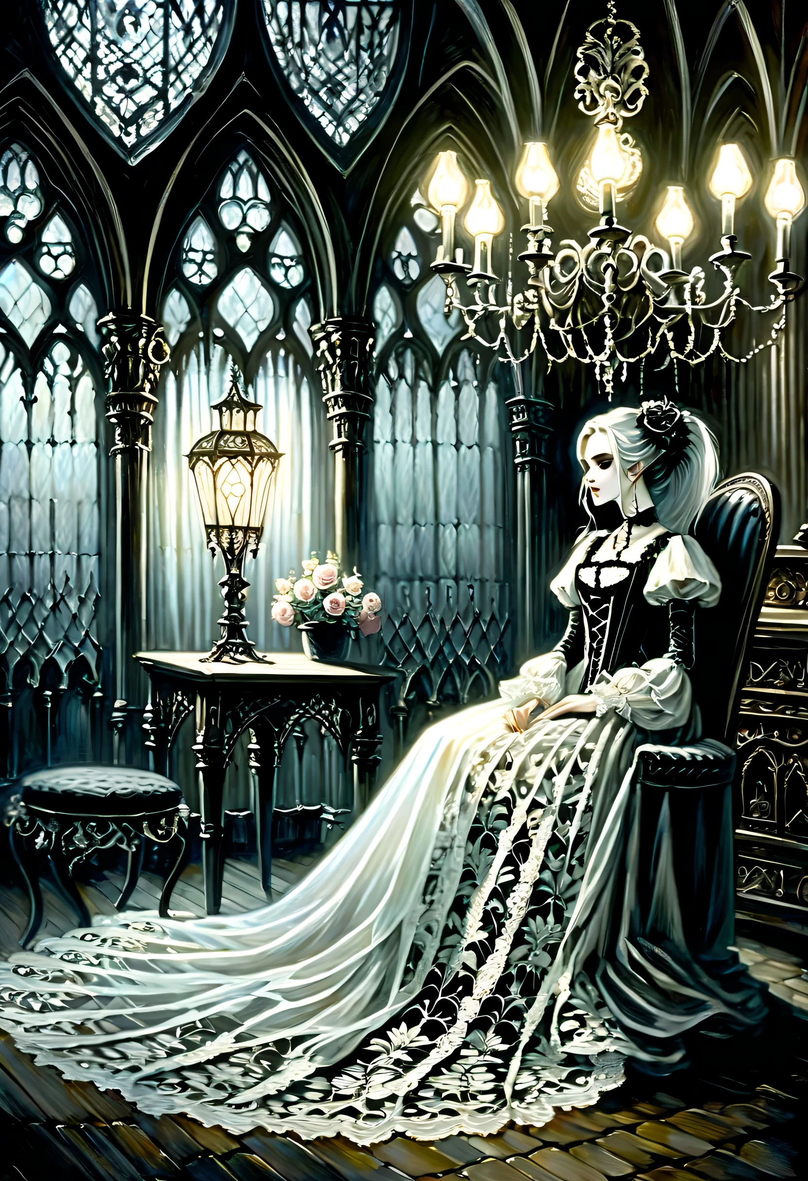 Gothic aesthetic illustration oil painting, mysterious atmosphere, Gothic elegance and intricate details, dim room, Elegant woman in a gothic dress, A scolding gaze, looking from the side, The delicate features of Gothic are emphasized., Ornate furniture and delicate lace curtains. , in beautiful gothic architecture, elaborate furniture and decorations, white lamp shining in the corner, fantastic shine, luxurious interior, gothic chairs and table, grunge painted gouache, tonal contrast, highly detailed gothic, high quality, 最high quality, Cinematic angle and light, Gothic Beauty, Gothic aesthetic illustration ultra-fine madness, Elegant work with gothic pattern, sharp gaze upwards, The delicate features of Gothic are emphasized., A beautiful flower blooming in solitude, gothic texture sky, grunge painted gouache, high contrast, highly detailed gothic, high quality, 最high quality, Cinematic angle and light,