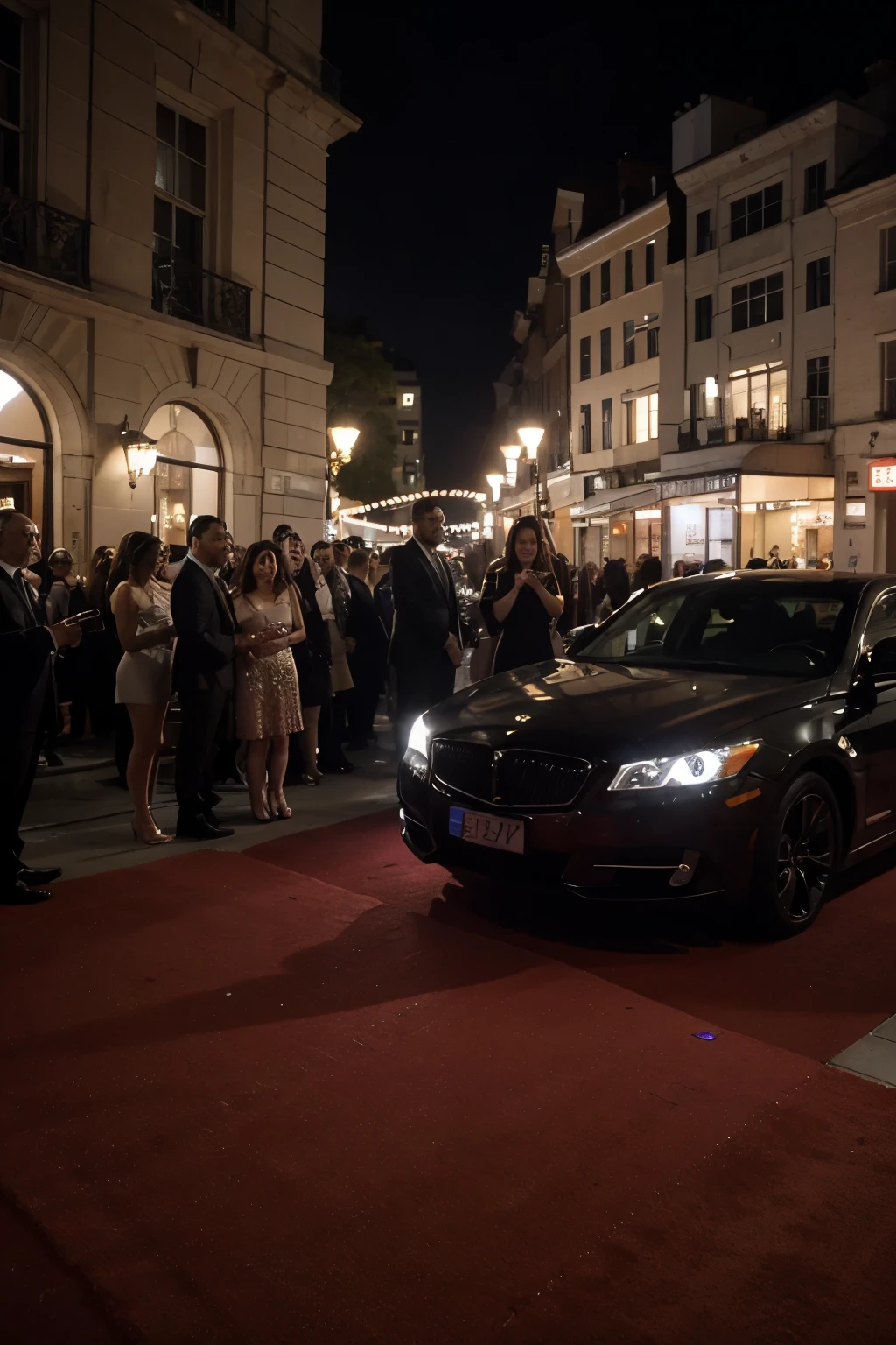 a scene of a celebrity red carpet event, with flashbulbs going off as glamorous attendees arrive in limousines