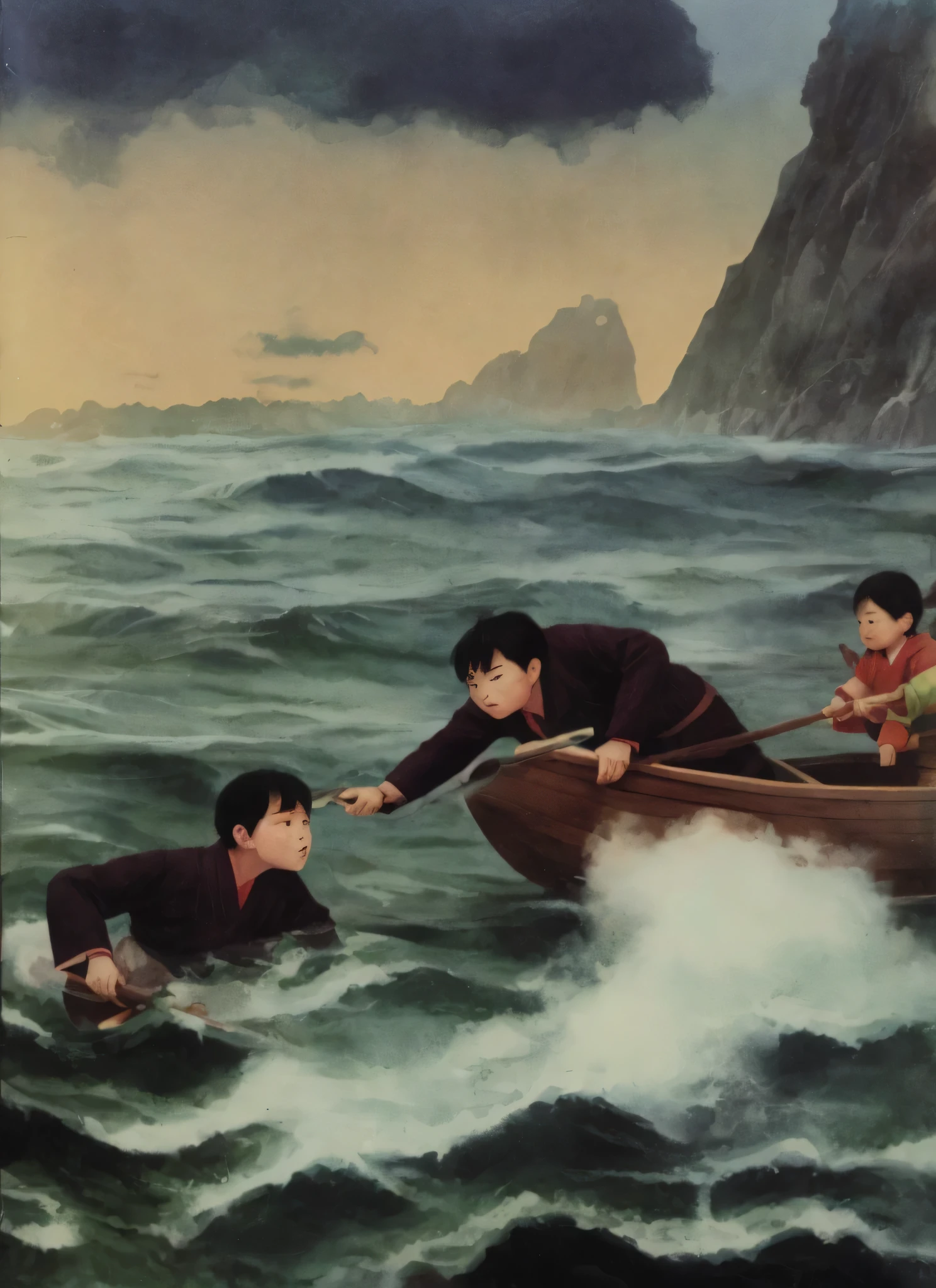 painting of a man in a boat with two children in it, by Jessie Newbery, by Thomas Dalziel, illustrated novel, cover illustration, by Hiroyuki Tajima, by Maeda Seison, angus mcbride, by Ryuzaburo Umehara, artist unknown, by Ni Zan, by Unkoku Togan, by Aloysius O'Kelly