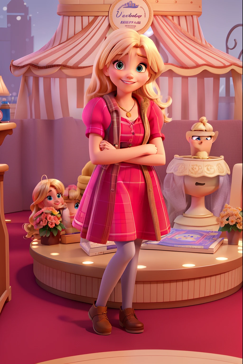 a woman with blonde hair, realistic face and eyes, smiling, in Disney Pixar 3D animation style, facing the camera