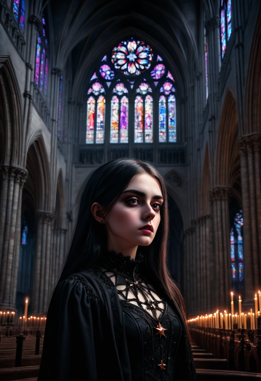 1girl, gothic aesthetic, Grand Gothic Cathedral; Dark Eerie Atmosphere, Hyperrealistic, sharp focus shot, intricately detailed, color depth, dramatic, side light, colorful stars, intricate details, HDR, beautifully shot, hyperrealistic, sharp focus, megapixels, perfect composition, high contrast, cinematic, atmospheric, moody