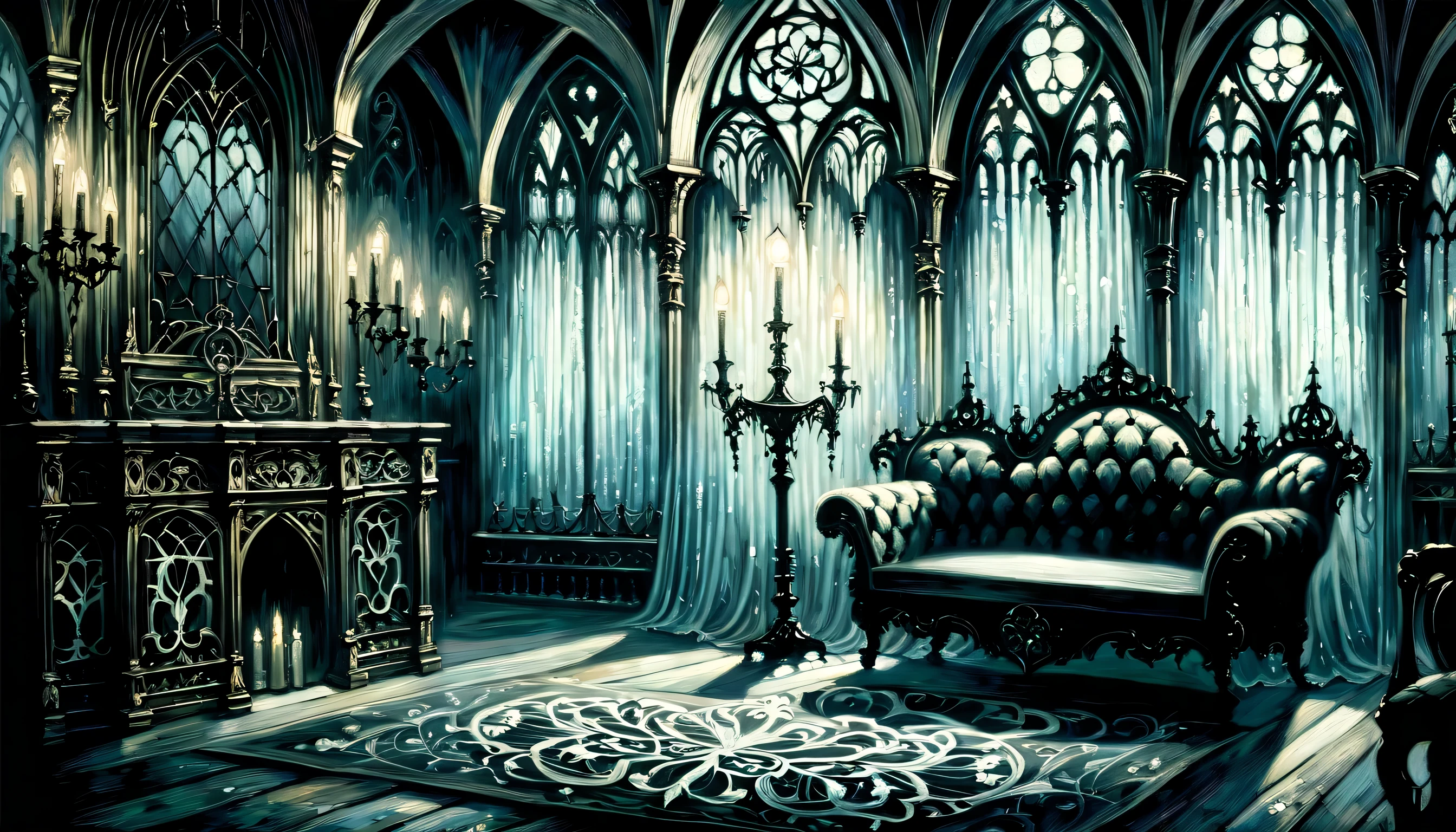 Gothic aesthetic illustration oil painting, mysterious atmosphere, Gothic elegance and intricate details, dim room, Elegant woman in a gothic dress, A scolding gaze, looking from the side, The delicate features of Gothic are emphasized., Ornate furniture and delicate lace curtains, in beautiful gothic architecture, elaborate furniture and decorations, white lamp shining in the corner, fantastic shine, luxurious interior, gothic chairs and table, grunge painted gouache, tonal contrast, highly detailed gothic, high quality, 最high quality, Cinematic angle and light, Gothic Beauty, Gothic aesthetic illustration ultra-fine madness, Elegant work with gothic pattern, sharp gaze upwards, The delicate features of Gothic are emphasized., A beautiful flower blooming in solitude, gothic texture sky, grunge painted gouache, high contrast, highly detailed gothic, high quality, 最high quality, Cinematic angle and light,