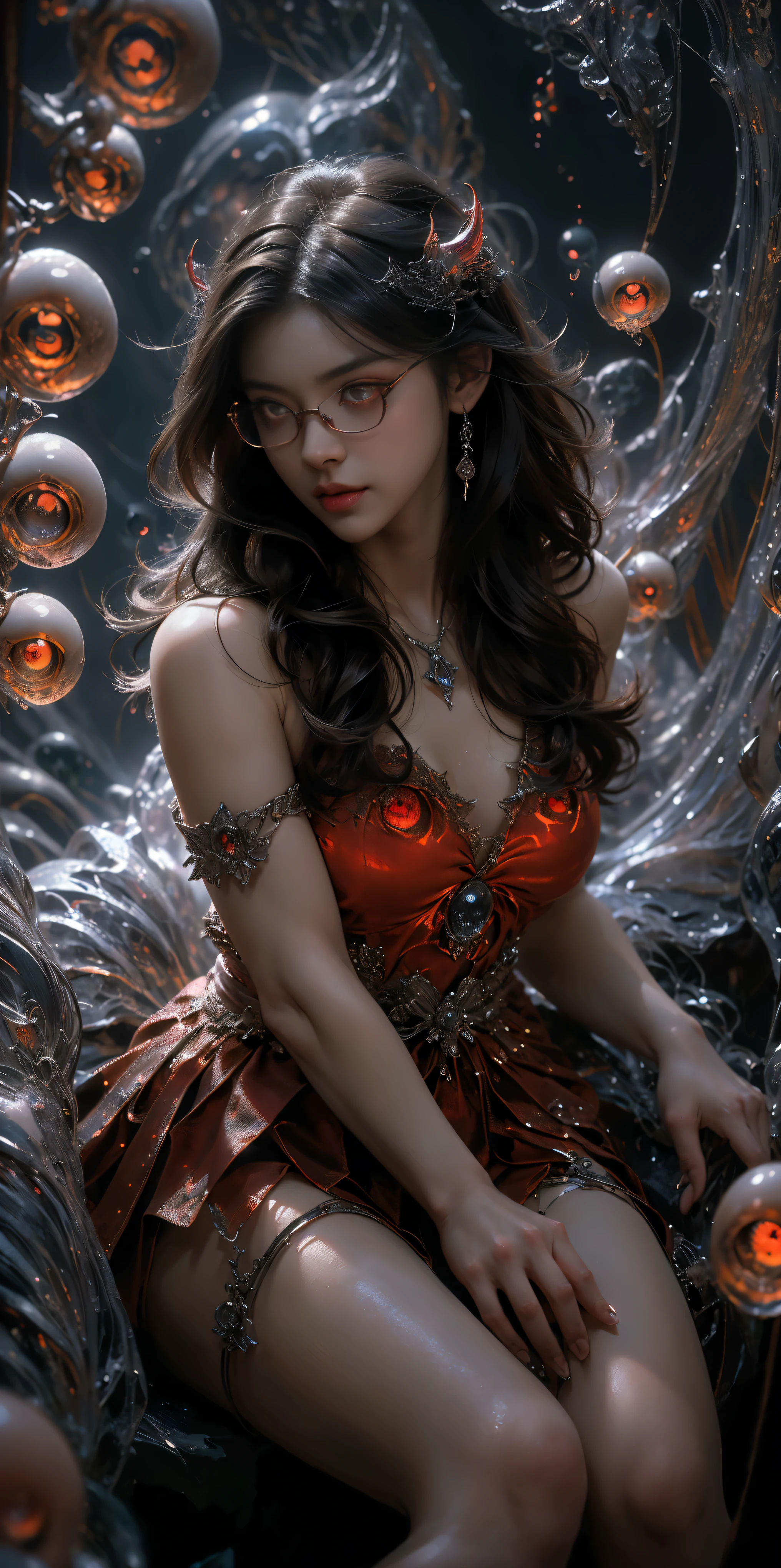 (The best illustrations)、realisitic、ultra-detailliert、The best lighting、Best Shadows、alluring succubus, ethereal beauty, perched on a cloud, (fantasy illustration:1.3), enchanting gaze, captivating pose, delicate wings, otherworldly charm, mystical sky, (Luis Royo:1.2), (Yoshitaka Amano:1.1), Dungeon and Dragon、caves、Dungeon、 A Necromancer、natta、Dark style、Succubus、Devil's Daughter、Bat Wings，(((Demon Hornlack-rimmed round glasses))))、(red eyes glowing:1.6)、​beautiful countenance、Tindall Effect、(High Detail Skins:1.2) absurderes、Ponytail distortion、jewely、Beautiful expression、Toned waist、Wide buttocks、Tindall Effectmasuter piece、top-quality、Highest Standards、Top image quality、masutepiece、intricate detailes、High resolution、Depth Field、natural soft light、profetional lighting、Great smile、(High Detail Skin: 1.2)、photorealistic anime girl render、Strong highlights of the eyes、Perfect Anatomy、crotch open、Shy、Spreading your legs、Panties are visible、Skirt flipping、Body shiny with oilerectile nipple))、8K resolution、intricate clothing、Intricate details