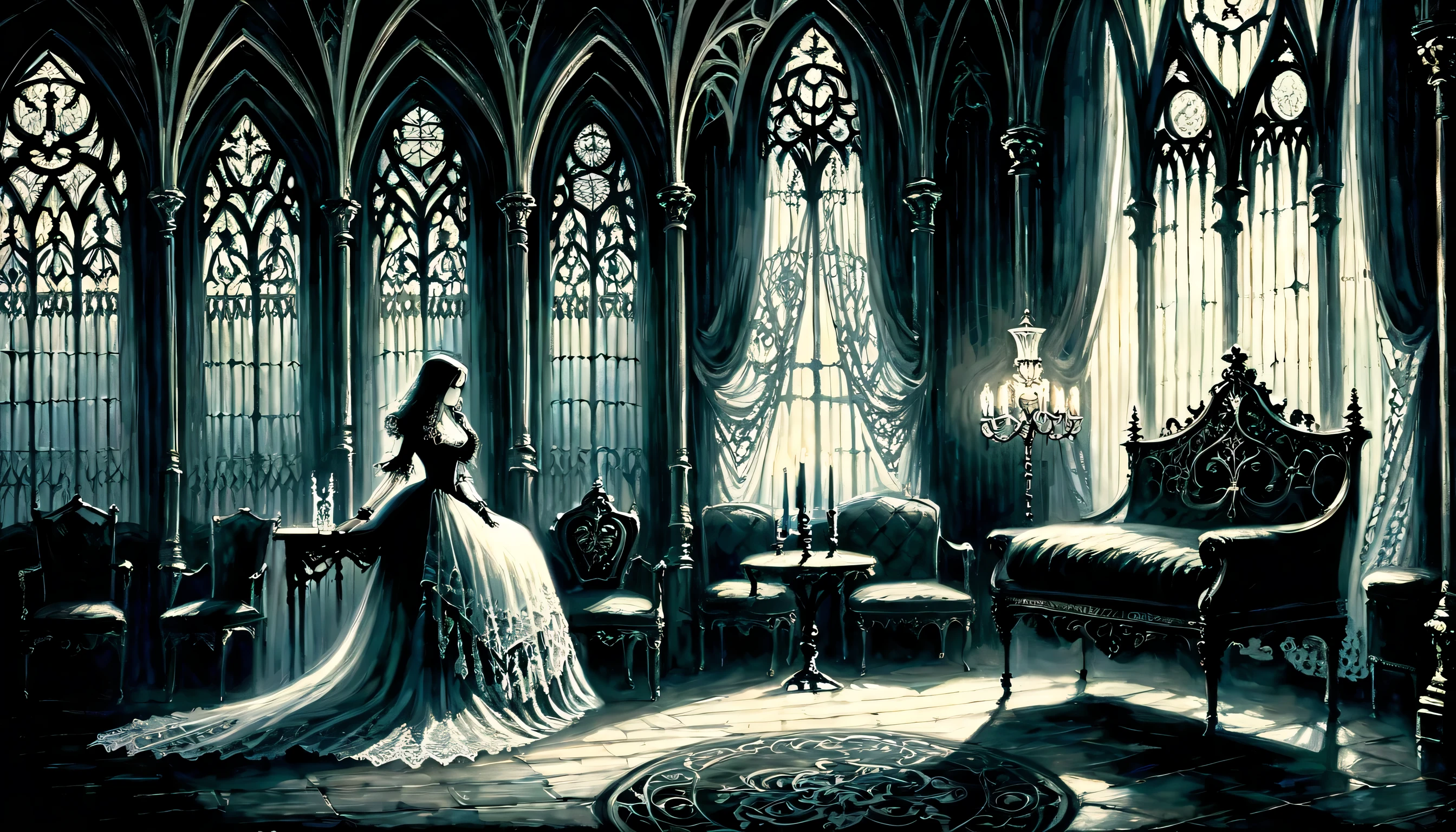 Gothic aesthetic illustration oil painting, mysterious atmosphere, Gothic elegance and intricate details, dim room, Elegant woman in a gothic dress, A scolding gaze, looking from the side, The delicate features of Gothic are emphasized., Ornate furniture and delicate lace curtains, in beautiful gothic architecture, elaborate furniture and decorations, white lamp shining in the corner, fantastic shine, luxurious interior, gothic chairs and table, grunge painted gouache, tonal contrast, highly detailed gothic, high quality, 最high quality, Cinematic angle and light, Gothic Beauty, Gothic aesthetic illustration ultra-fine madness, Elegant work with gothic pattern, sharp gaze upwards, The delicate features of Gothic are emphasized., A beautiful flower blooming in solitude, gothic texture sky, grunge painted gouache, high contrast, highly detailed gothic, high quality, 最high quality, Cinematic angle and light,